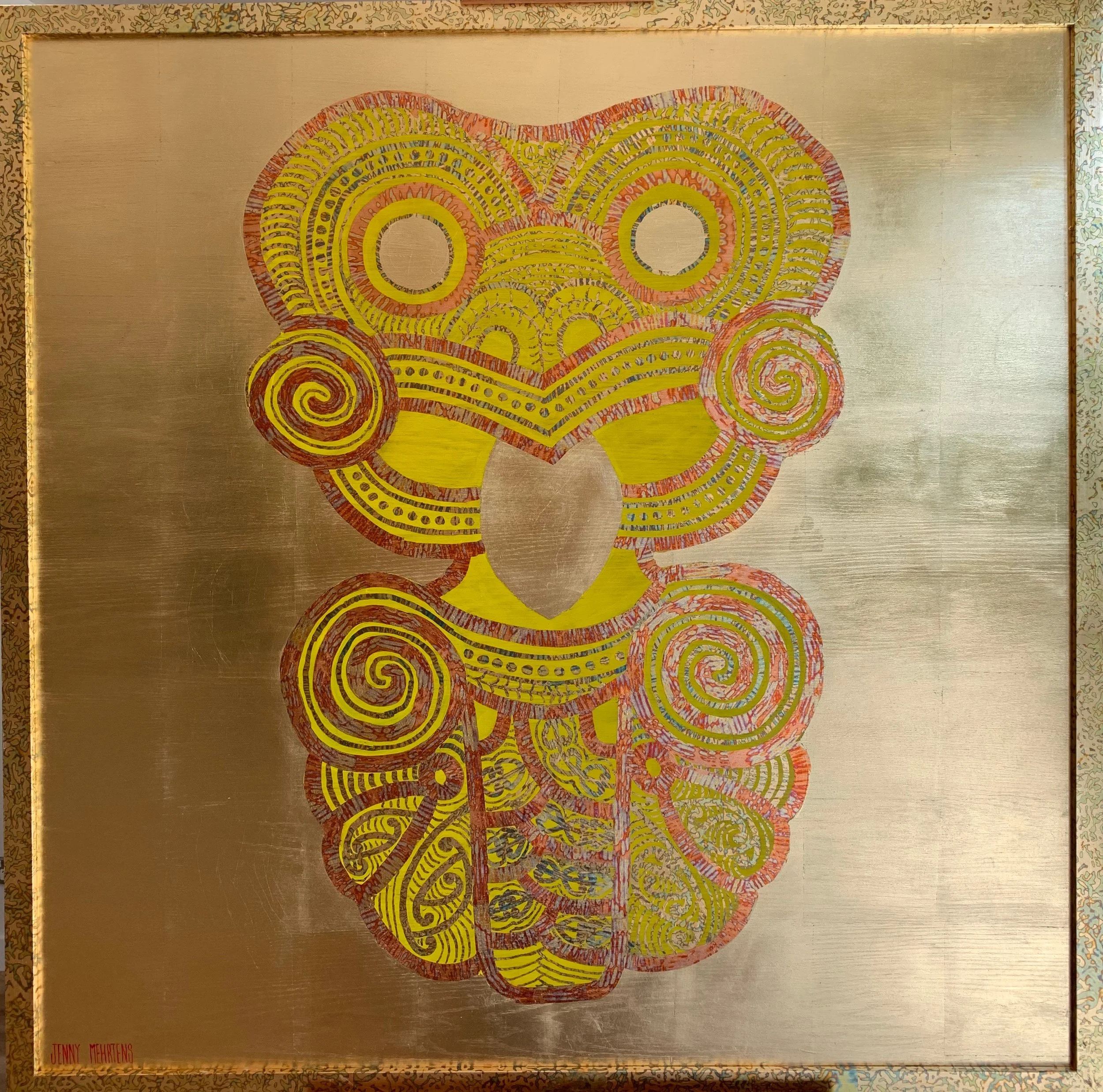 HEI TIKI - FIRST BORN acrylic and variegated and generic gold leaf on oak board 1100 x 1100 variegated leaf frame $8950