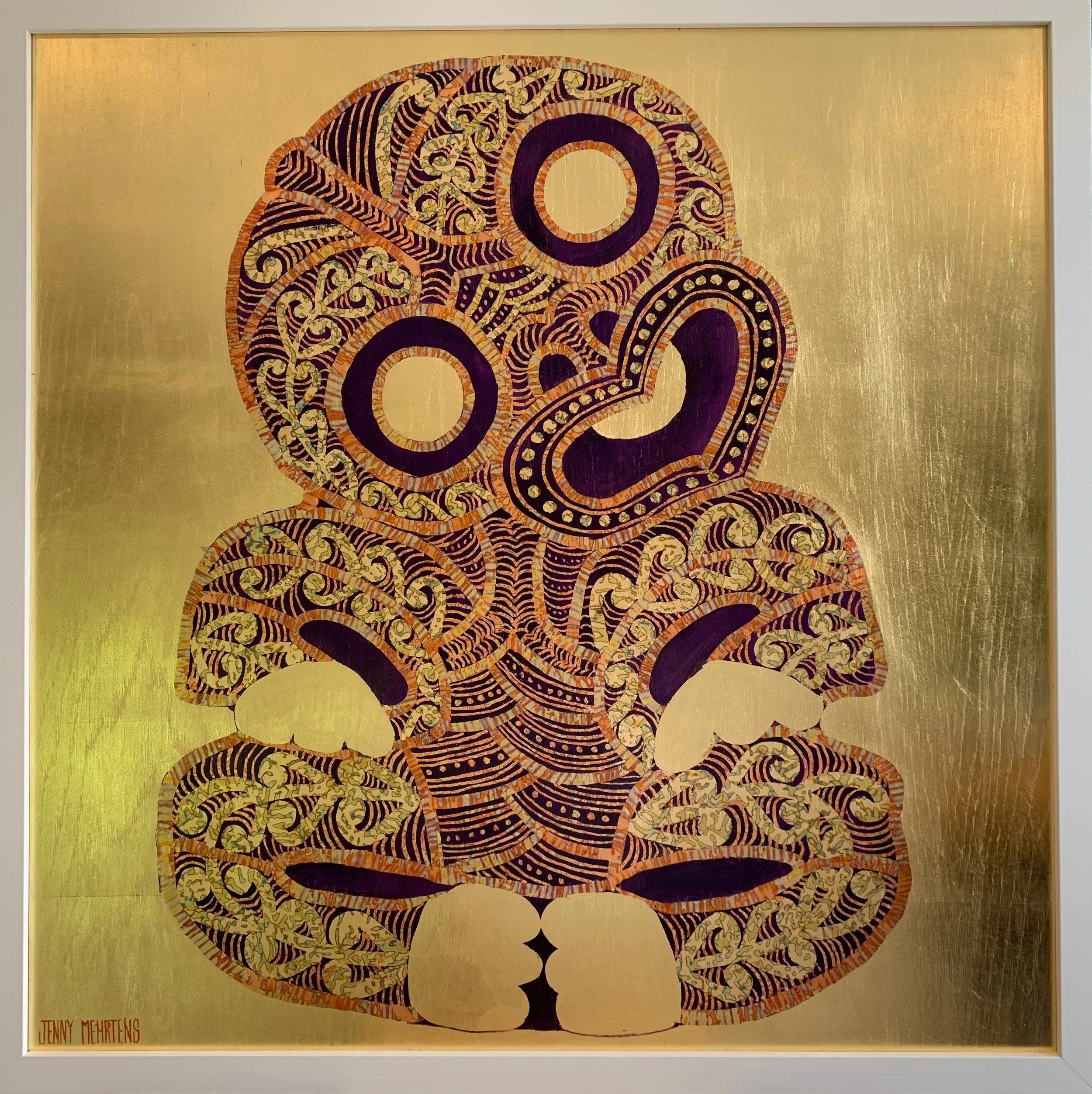 HEI TIKI - WAIPOROPORO (PURPLE) acrylic and variegated and generic gold leaf on oak board 800 x 800 white box frame SOLD