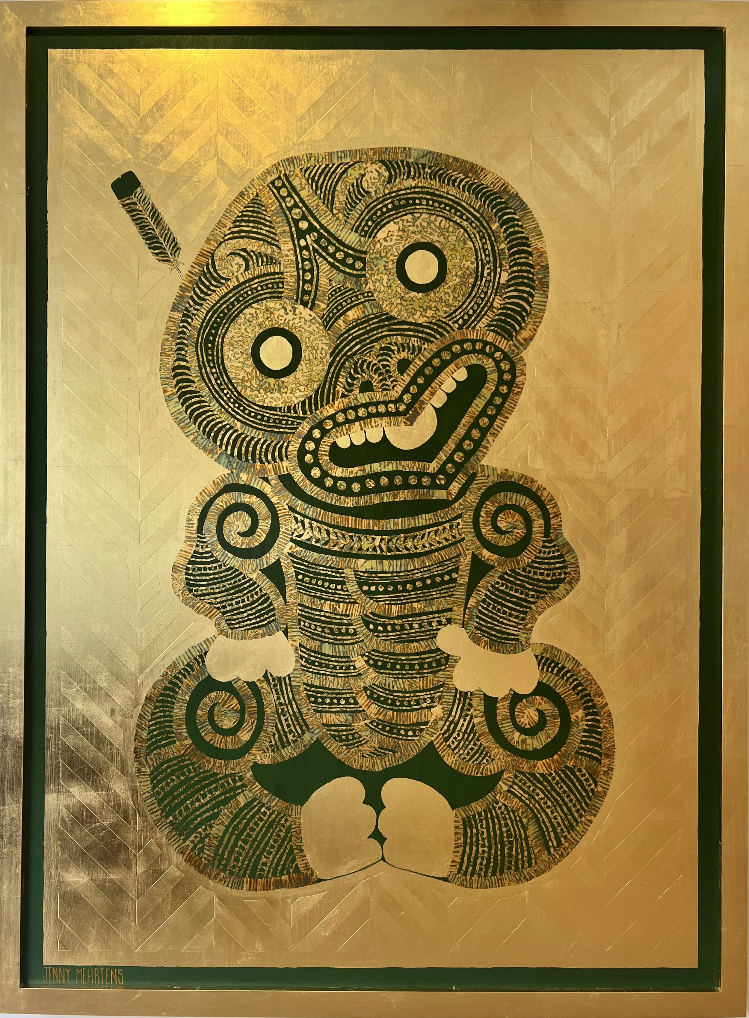  HEI TIKI - GREEN LARGE WITH KAO KAO PATTERNING acrylic, variegated leaf and japanese washi tape on oak board 115 × 155 $21,750 