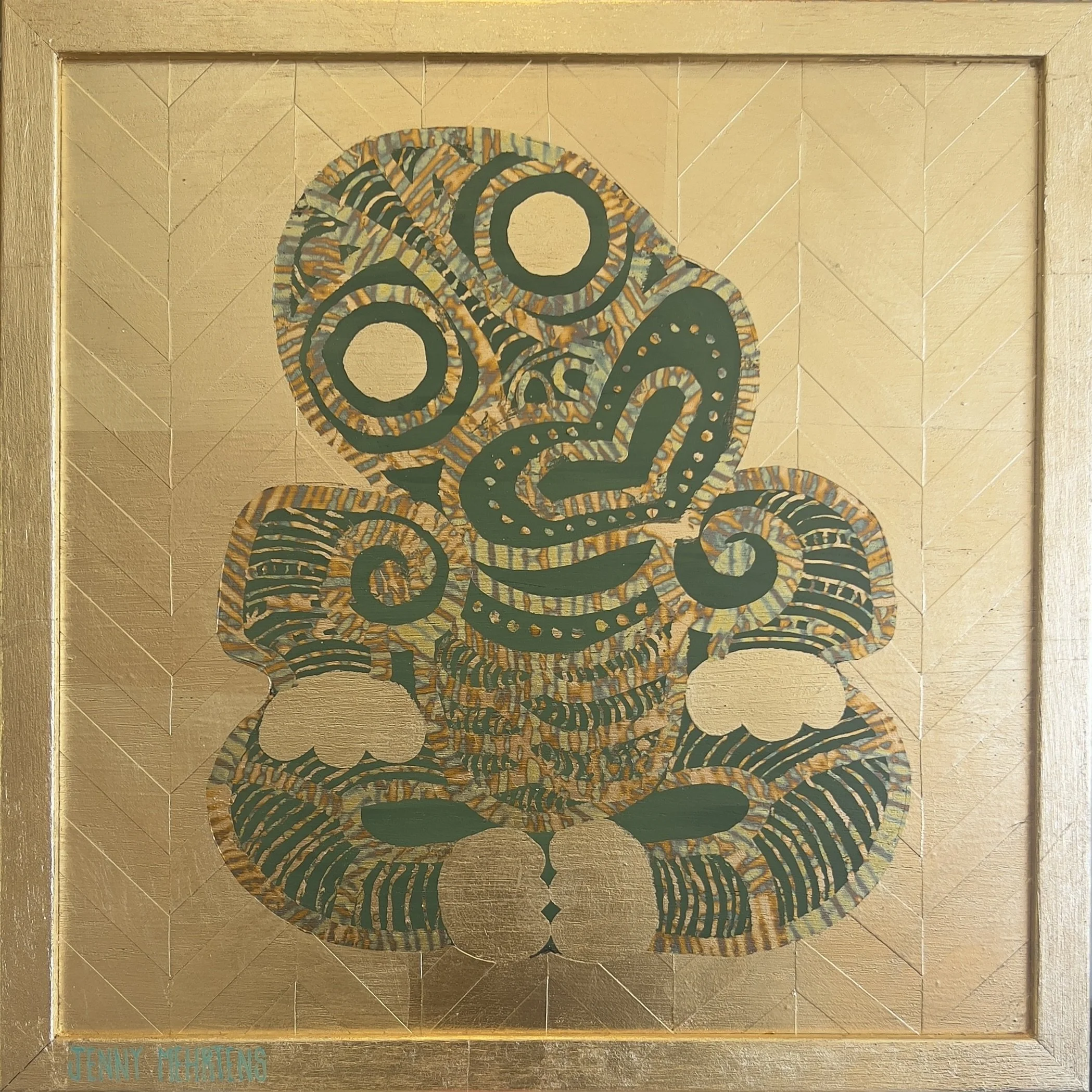 LIFE LINES - GOLD AND GREEN acrylic, variegated leaf and Japanese washi tape on oak board 38cm x 38cm $5250 sold