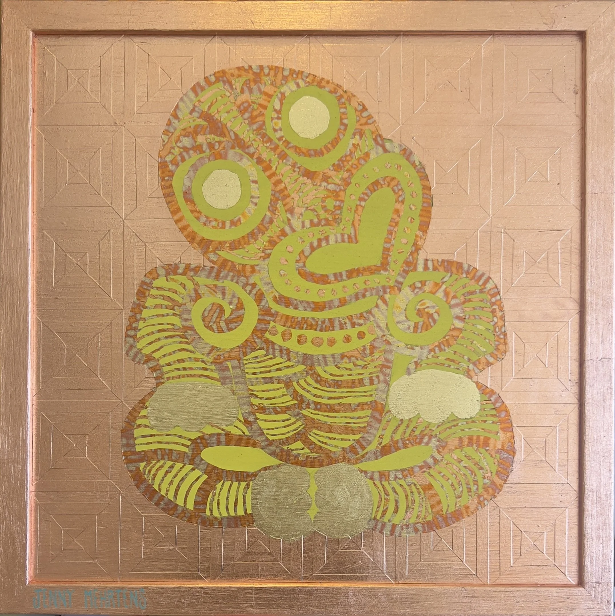 LIFE LINES - YELLOW AND COPPER acrylic, variegated leaf and Japanese washi tape on oak board 38cm x 38cm $5250