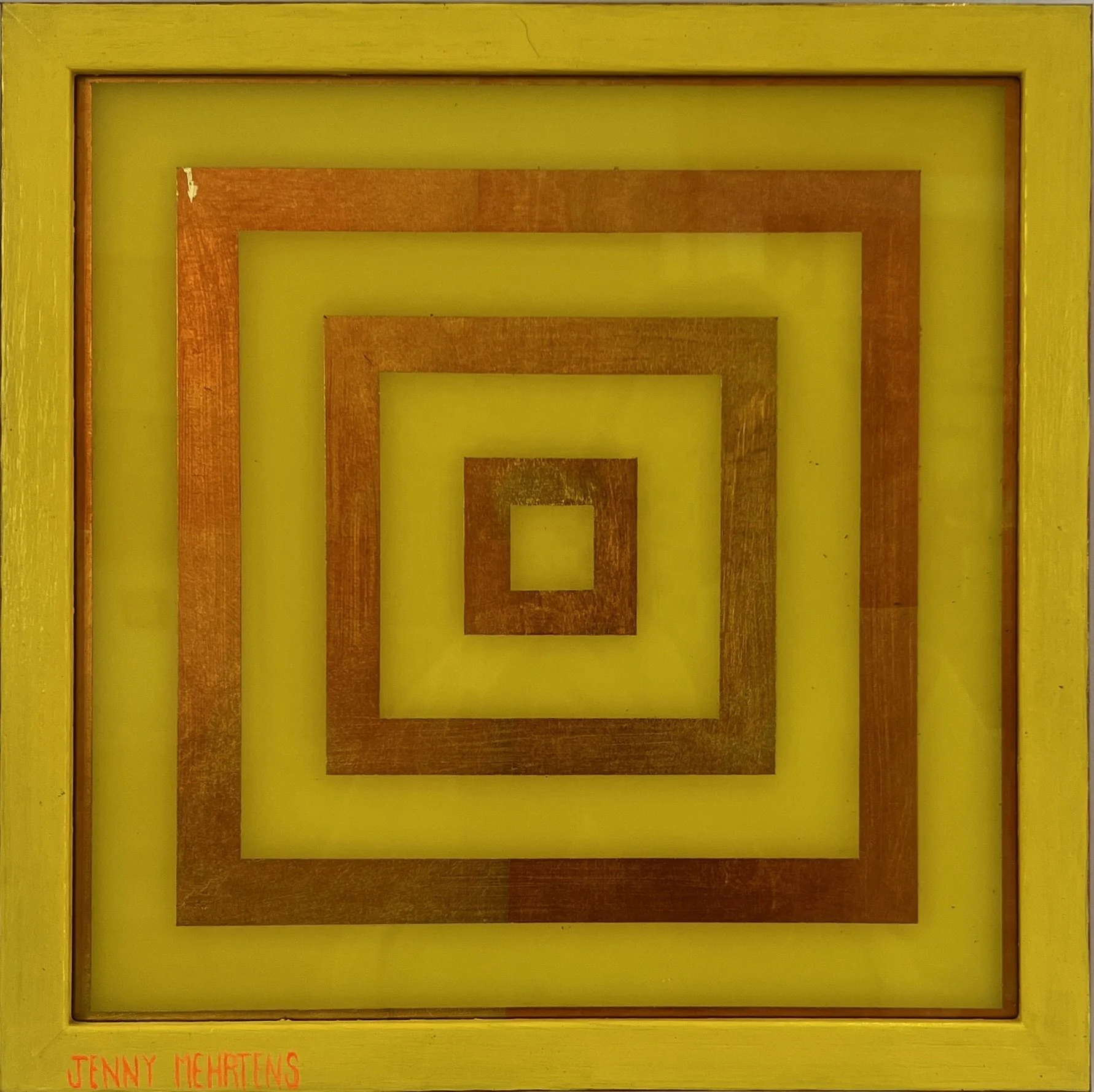 GLOW - YELLOW AND PINK acrylic and variegated leaf on glass 30cm x 30cm $1600