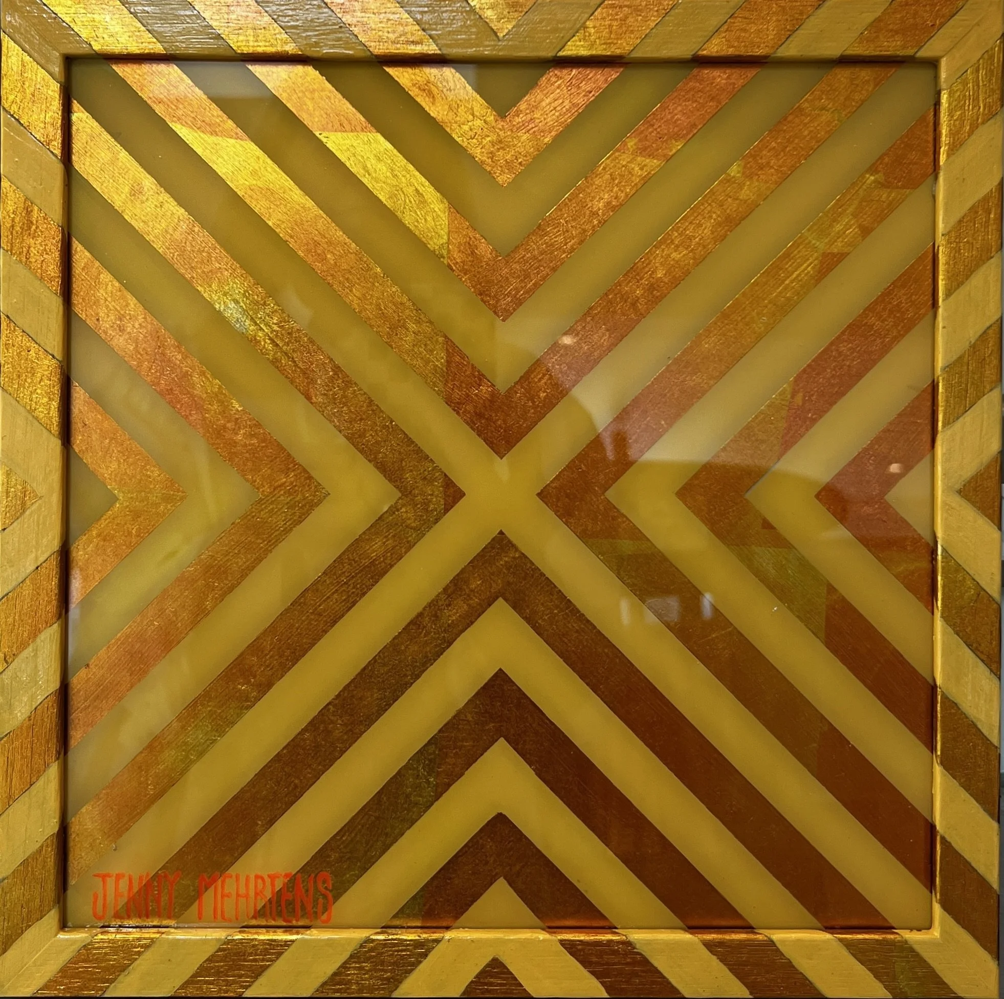 GLOW - YELLOW AND PINK III acrylic and variegated leaf on glass 30cm x 30cm $1600