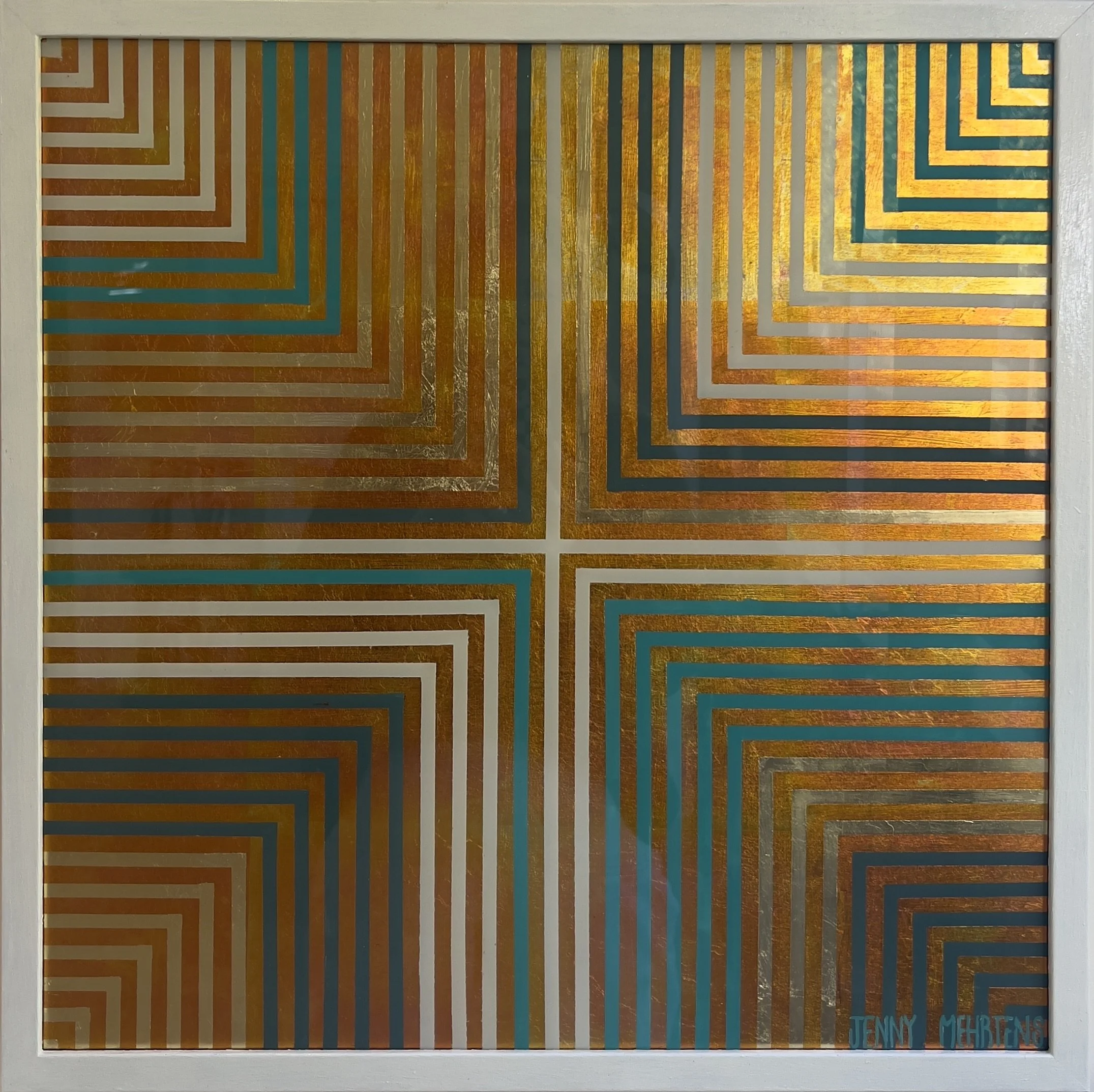 GLOW - LIGHT acrylic and variegated and generic gold leaf on glass 55cm x 55cm $3250