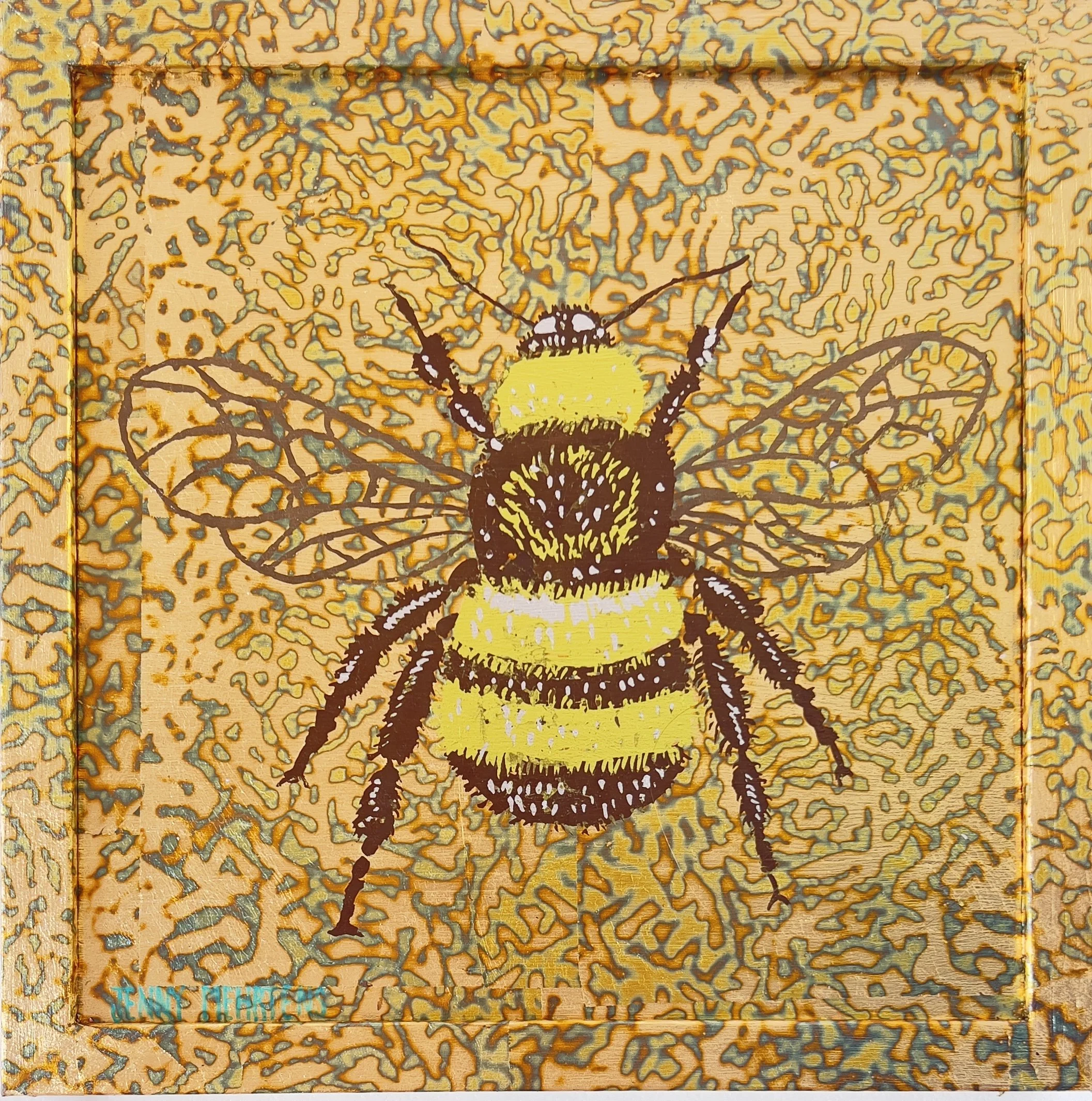  ELEMANTAL - BEE variegated leaf on oak board 30cm × 30cm $2450 