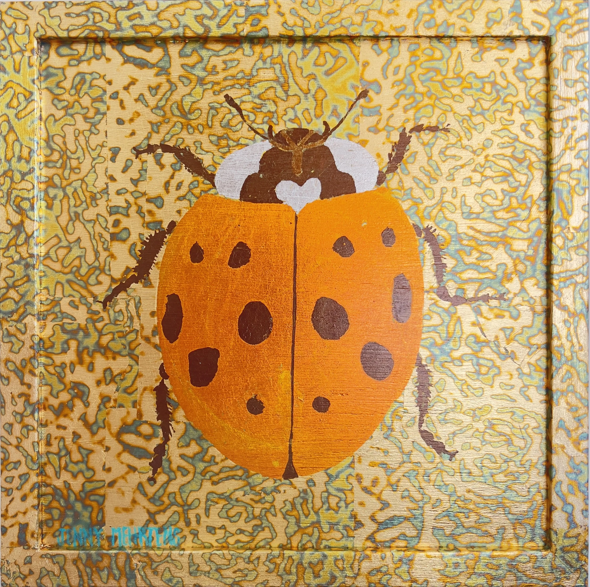  ELEMENTAL - LADYBIRD variegated leaf on oak board 30cm x 30cm  $2450 