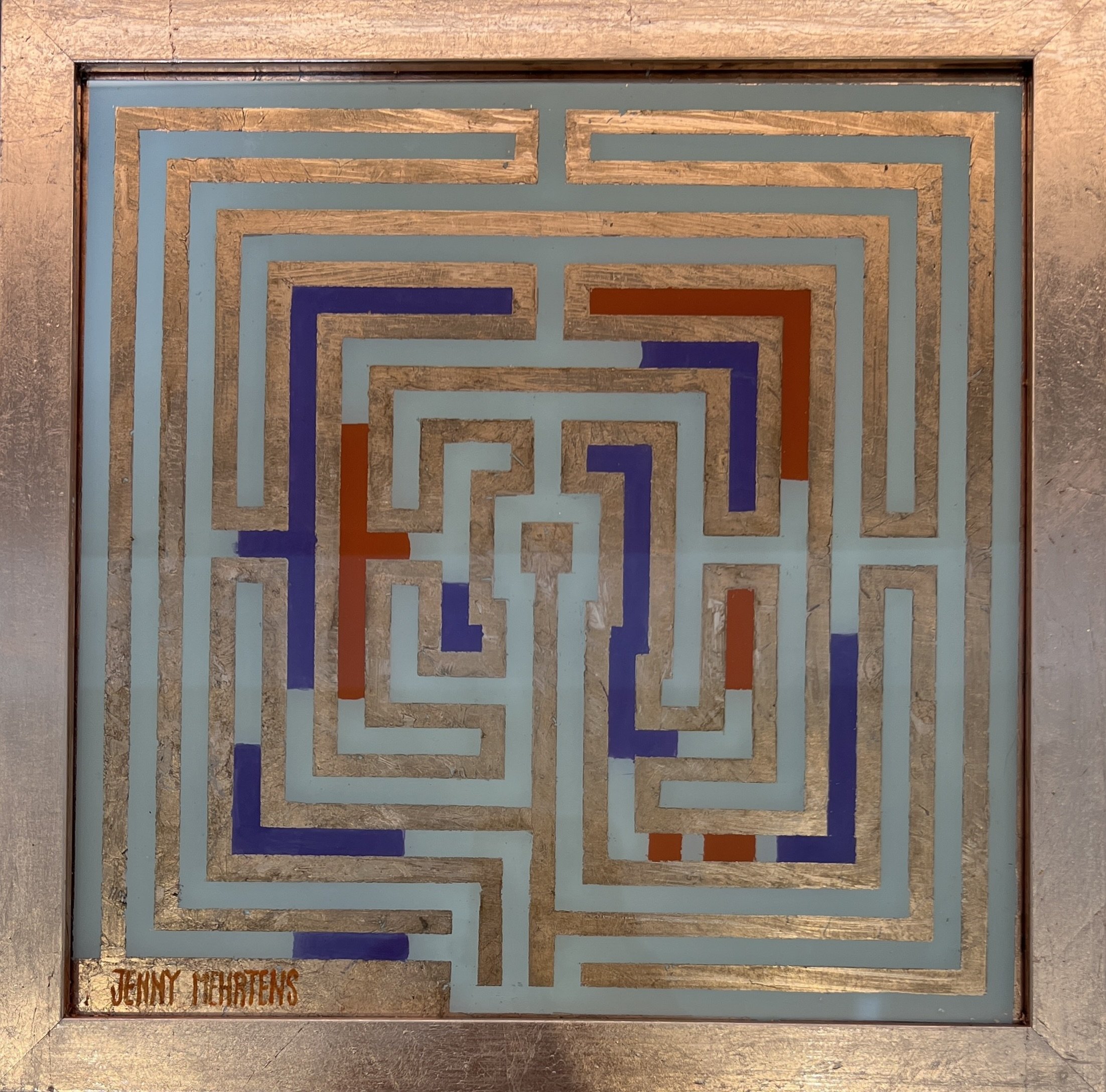  GLOW - COPPER MAZE acrylic and copper metal leaf on glass 30cm x 30cm $1600 
