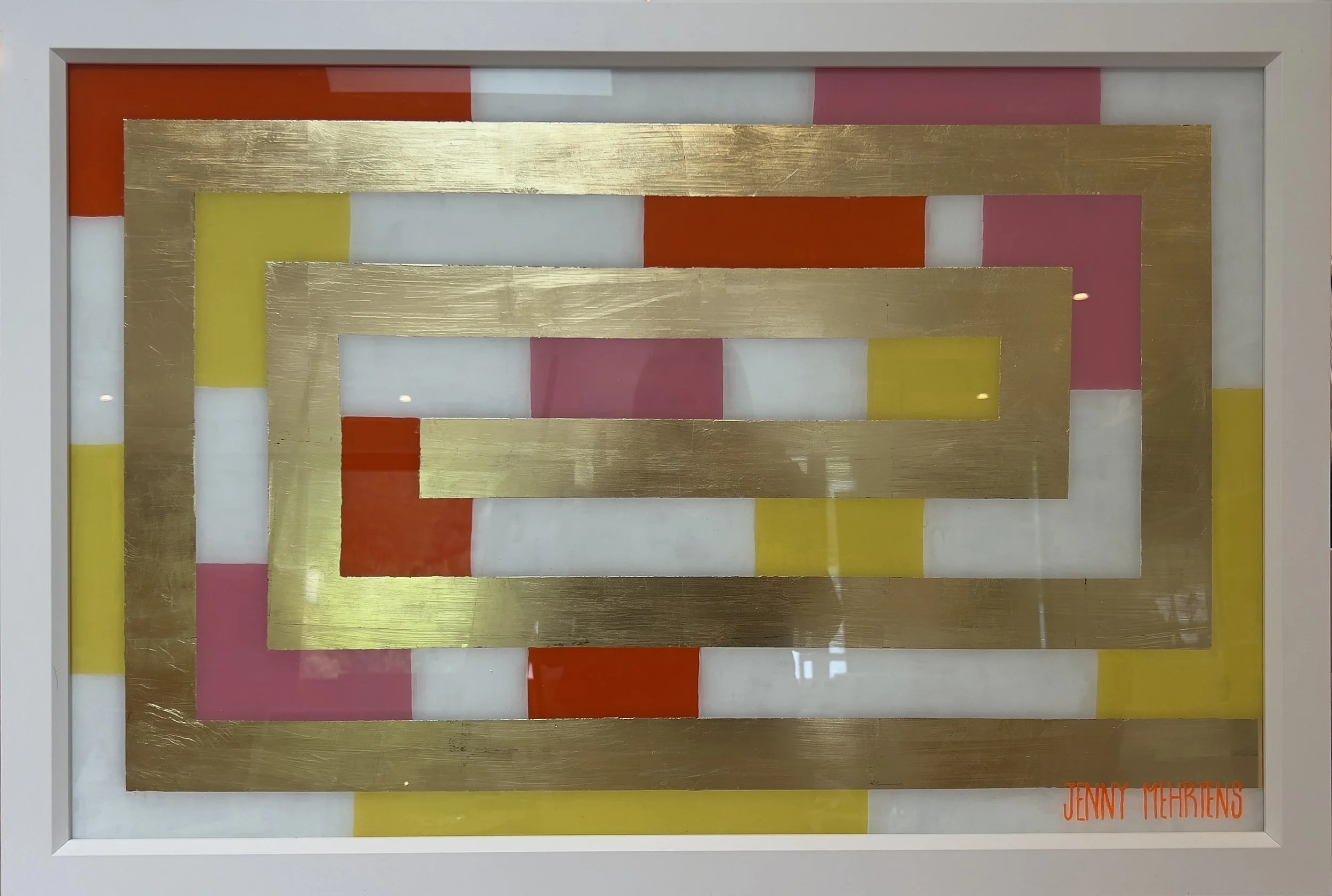  GLOW - MULTICOLOUR LABYRINTH acrylic and generic gold on glass 57cm x 84cm $3550 
