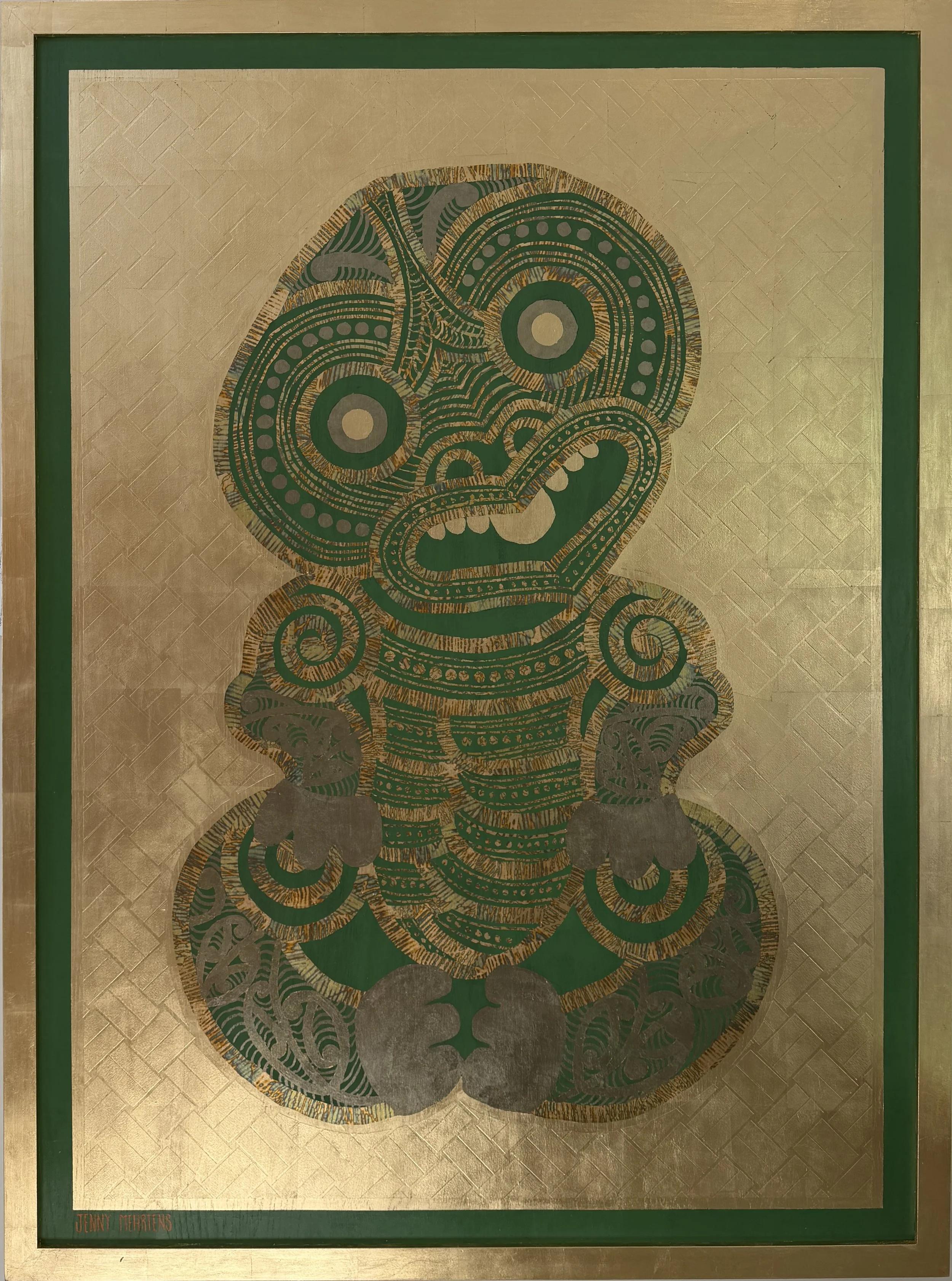  HEI TIKI - GREEN LARGE WITH WEAVING acrylic, and variegated leaf on oak with washi tape 115 × 155 $21,750 