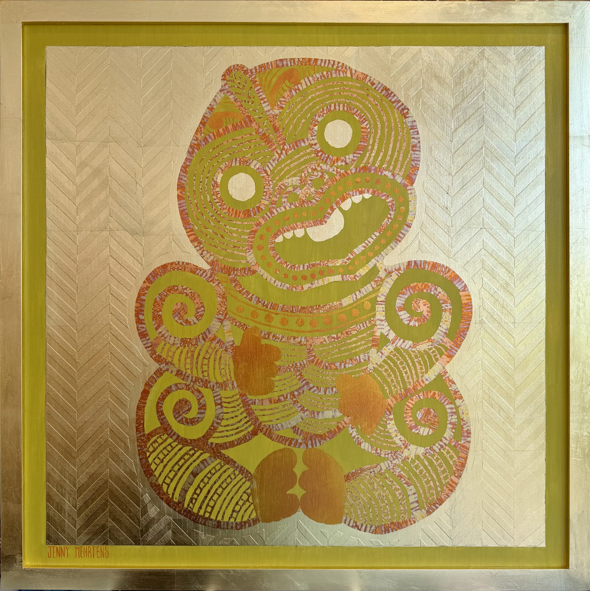  HEI TIKI - LIME &amp; PINK Japanese washi tape, acrylic and variegated metal leaf on oak board 80cm x 80cm $10,500 