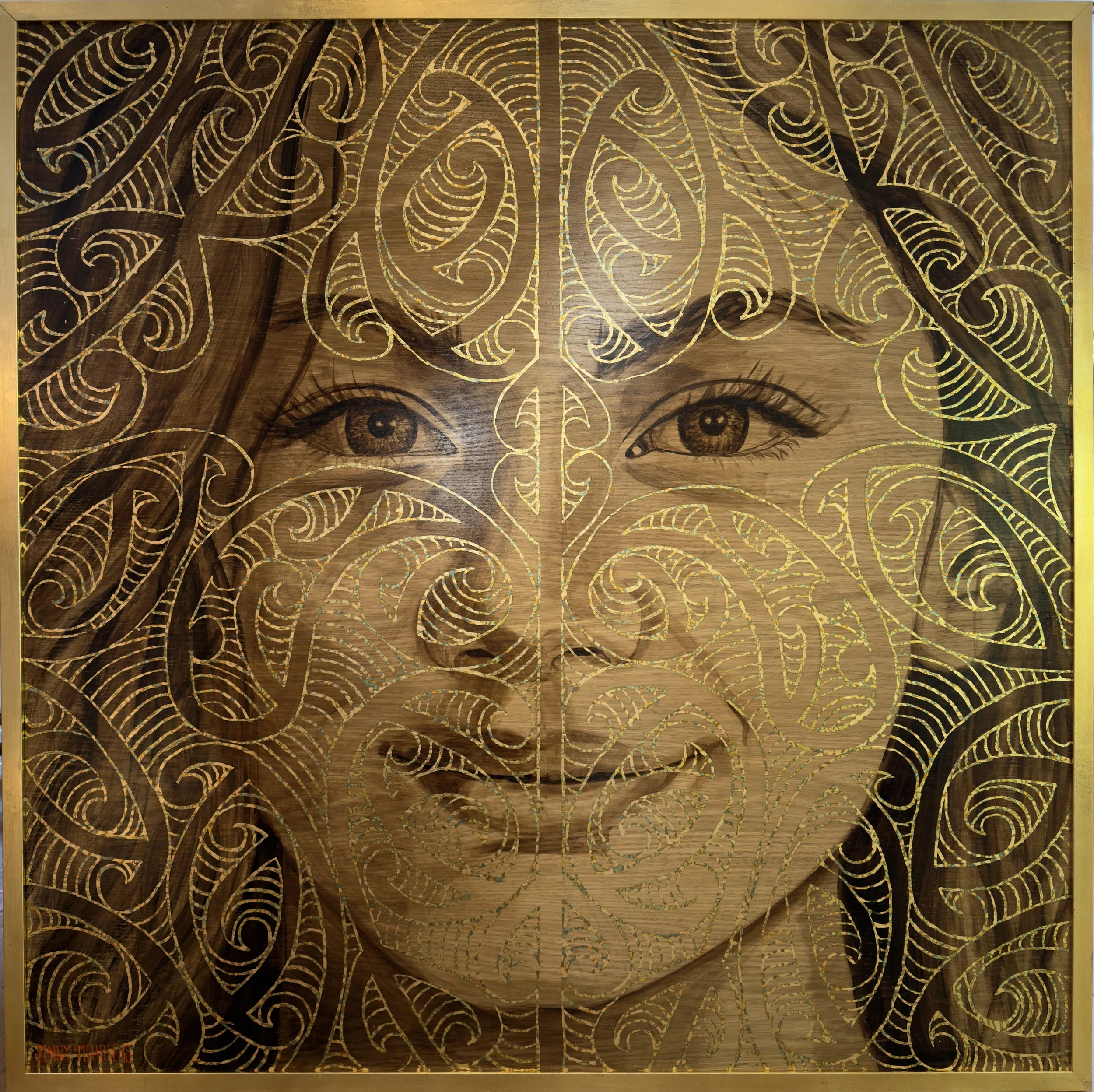  MAKING THEIR MARK - MANATA III acrylic and variegated leaf on oak board 113 × 113 $13,950   An imagined image of beautiful Manata. The Māori legend tells a love story of Manata and Matakauri. One night, Manata was kidnapped by a giant and cruel tani