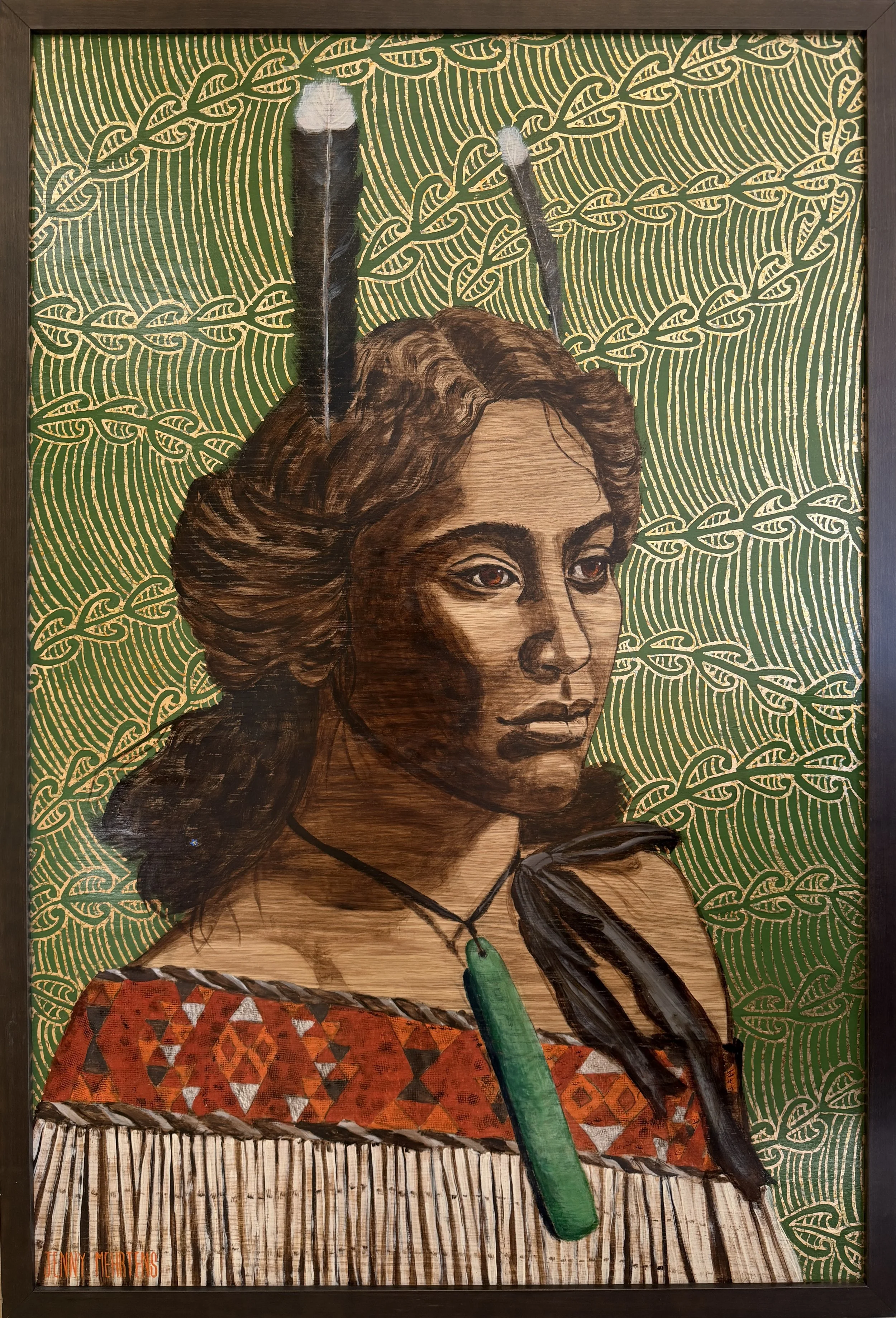  MAKING THEIR MARK - WOMAN WITH TWO HUIA FEATHERS   acrylic and variegated metal leaf on oak board  80 × 120  $8950 