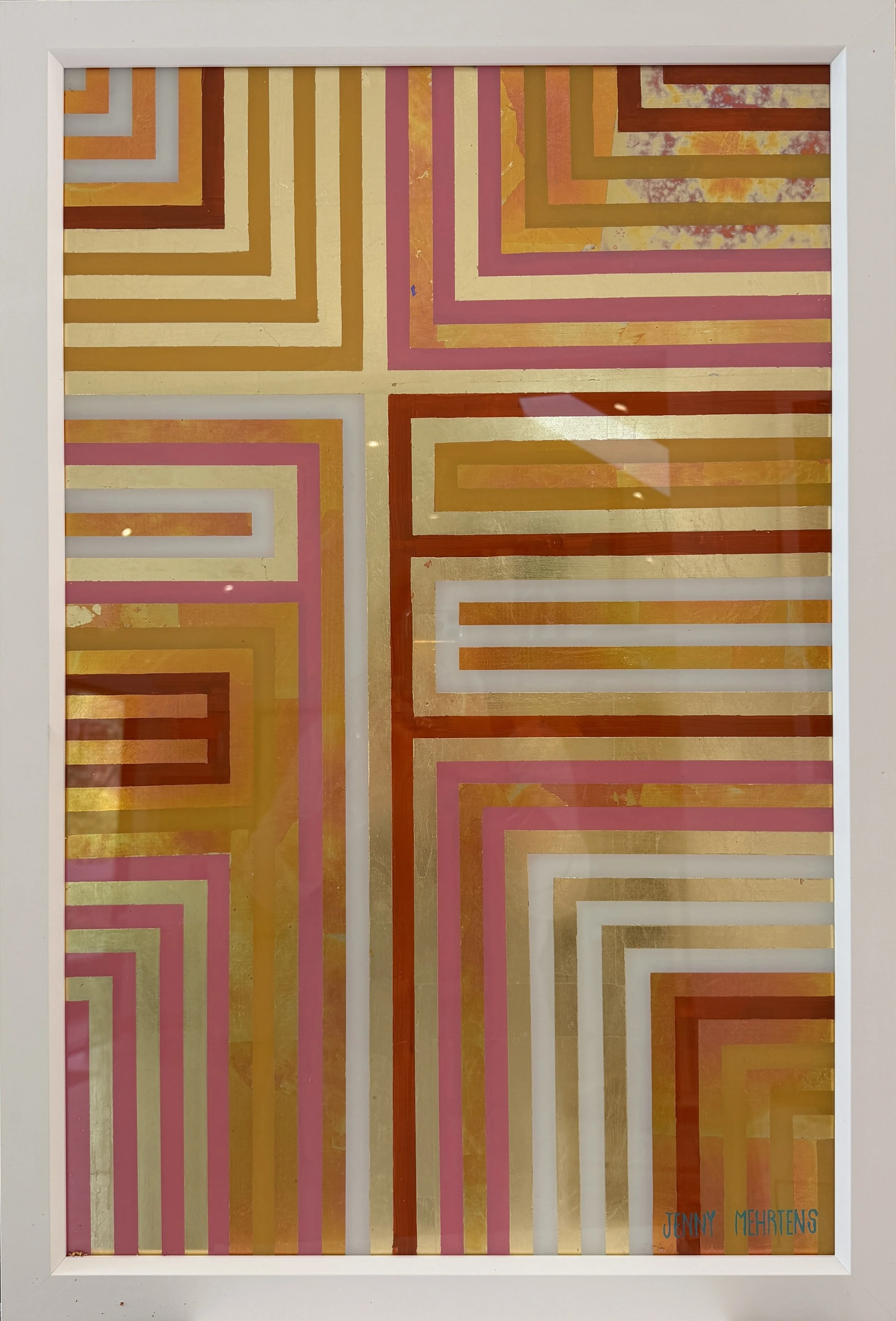  GLOW - WARMTH acrylic and variegated metal leaf on glass   57cm x 84cm $3550 