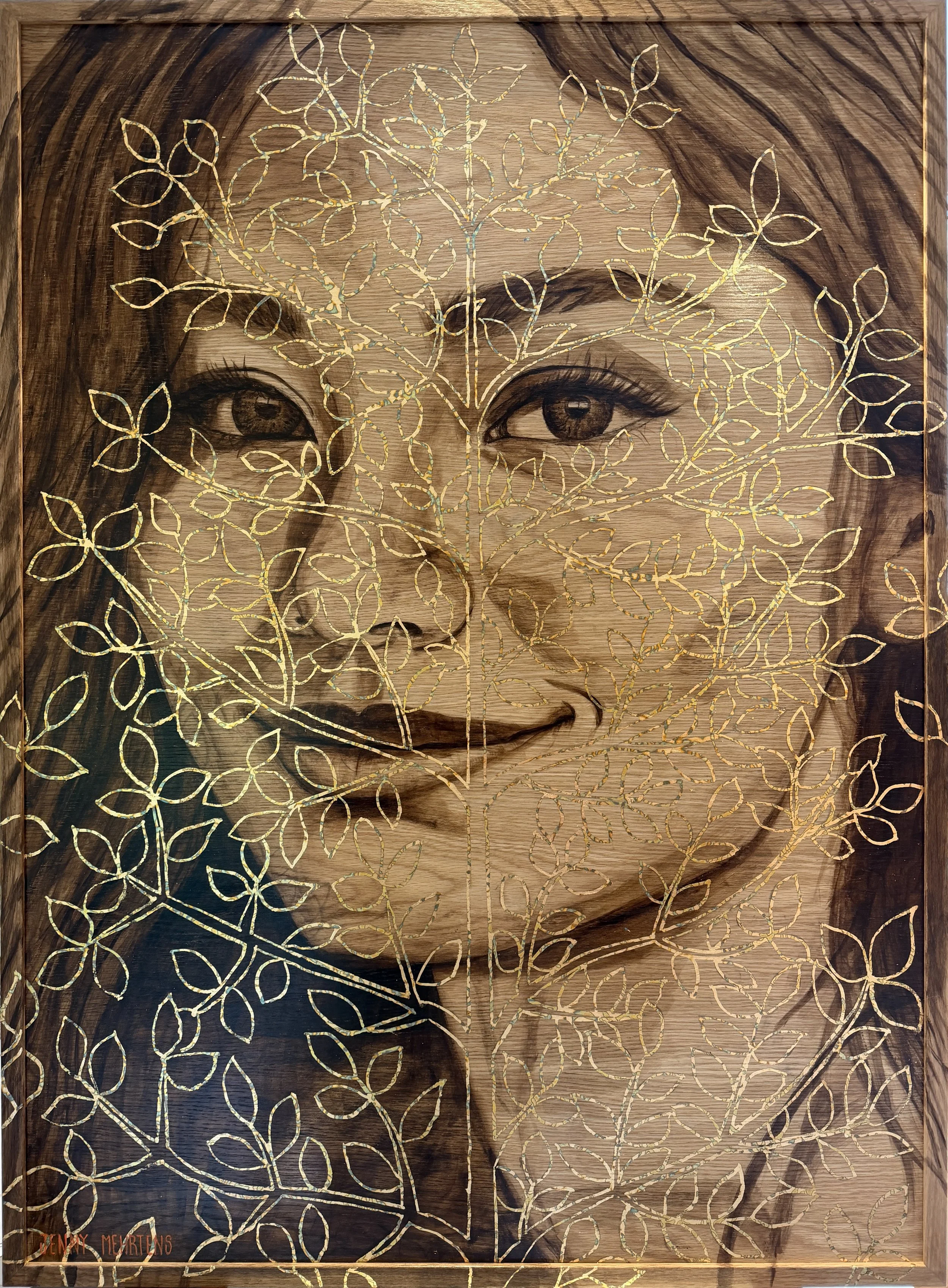  MAKING THEIR MARK - MANATA, LEGEND OF THE LAKE acrylic and variegated leaf on oak. 83 × 113 $11,500 