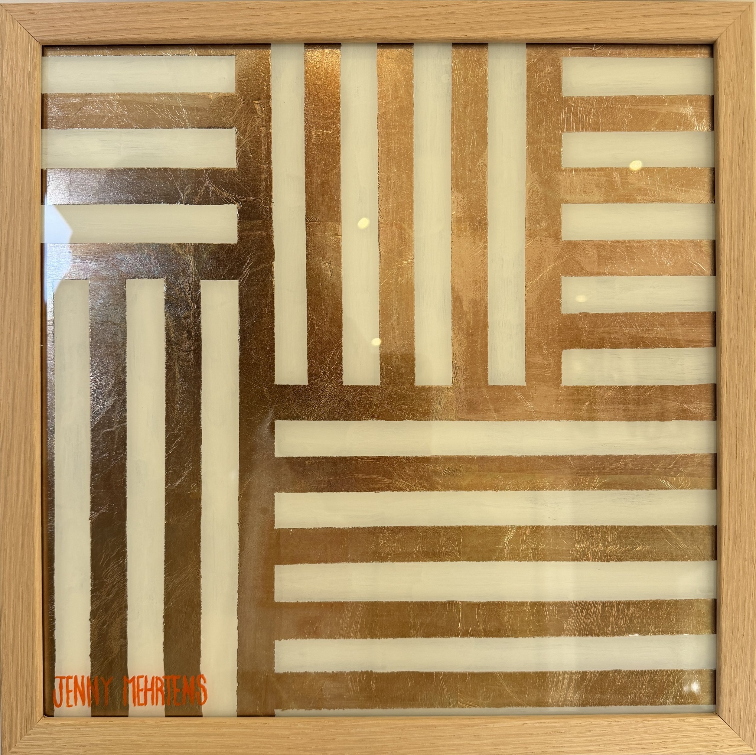  GLOW - TAN AND CREAM acrylic and variegated metal leaf on glass 38cm × 38cm $2600 
