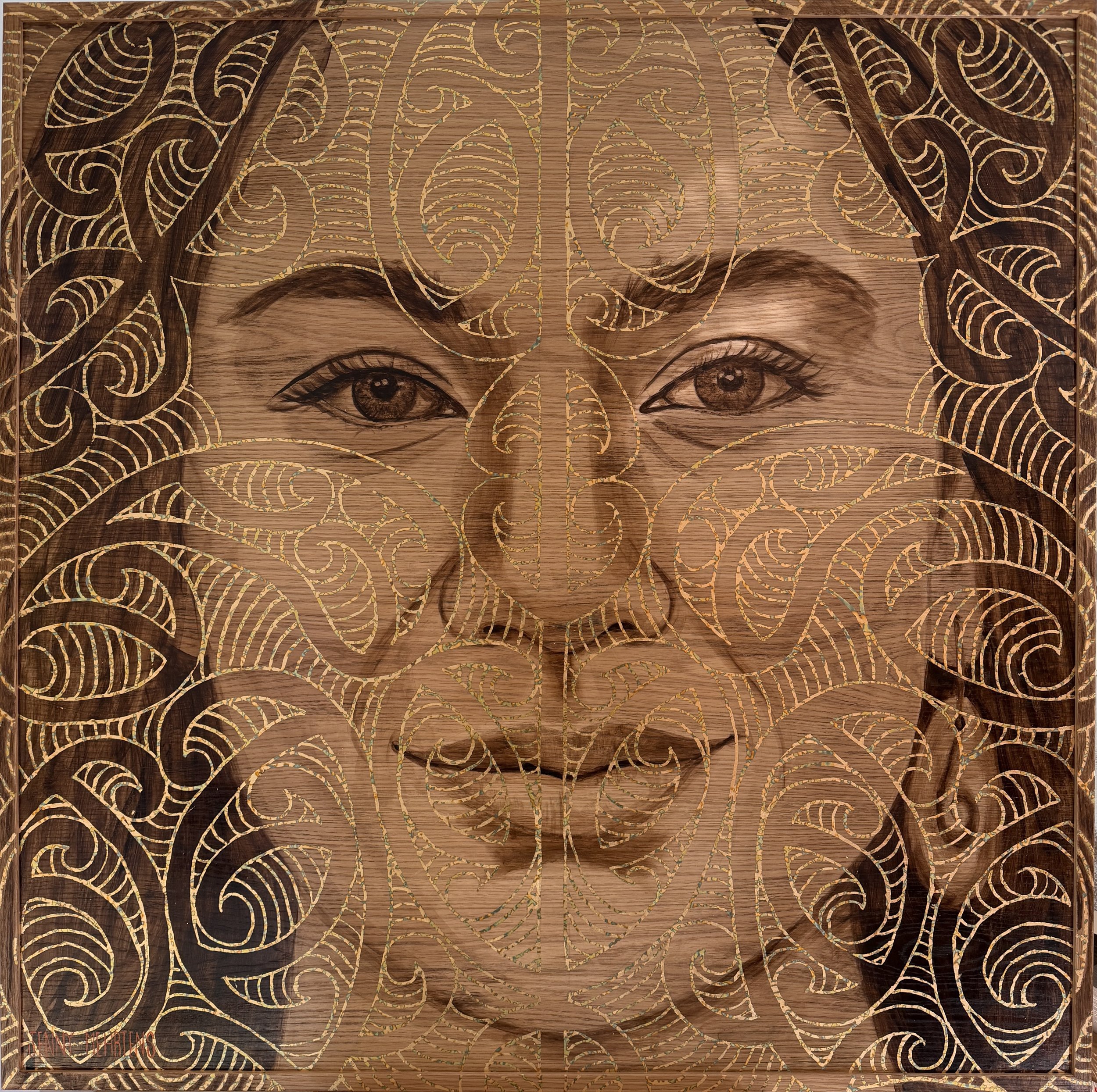  MAKING THEIR MARK - MANATA &amp; MATAKAURI acrylic and variegated leaf on oak board 113 × 113 $13,950  
