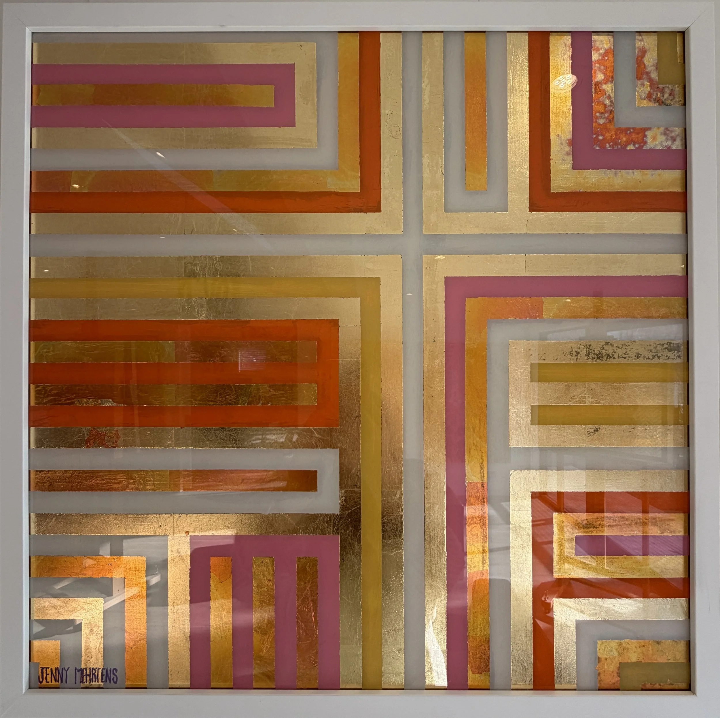  GLOW - JOYFUL acrylic and variegated leaf on glass 60cm x 60cm $3950 