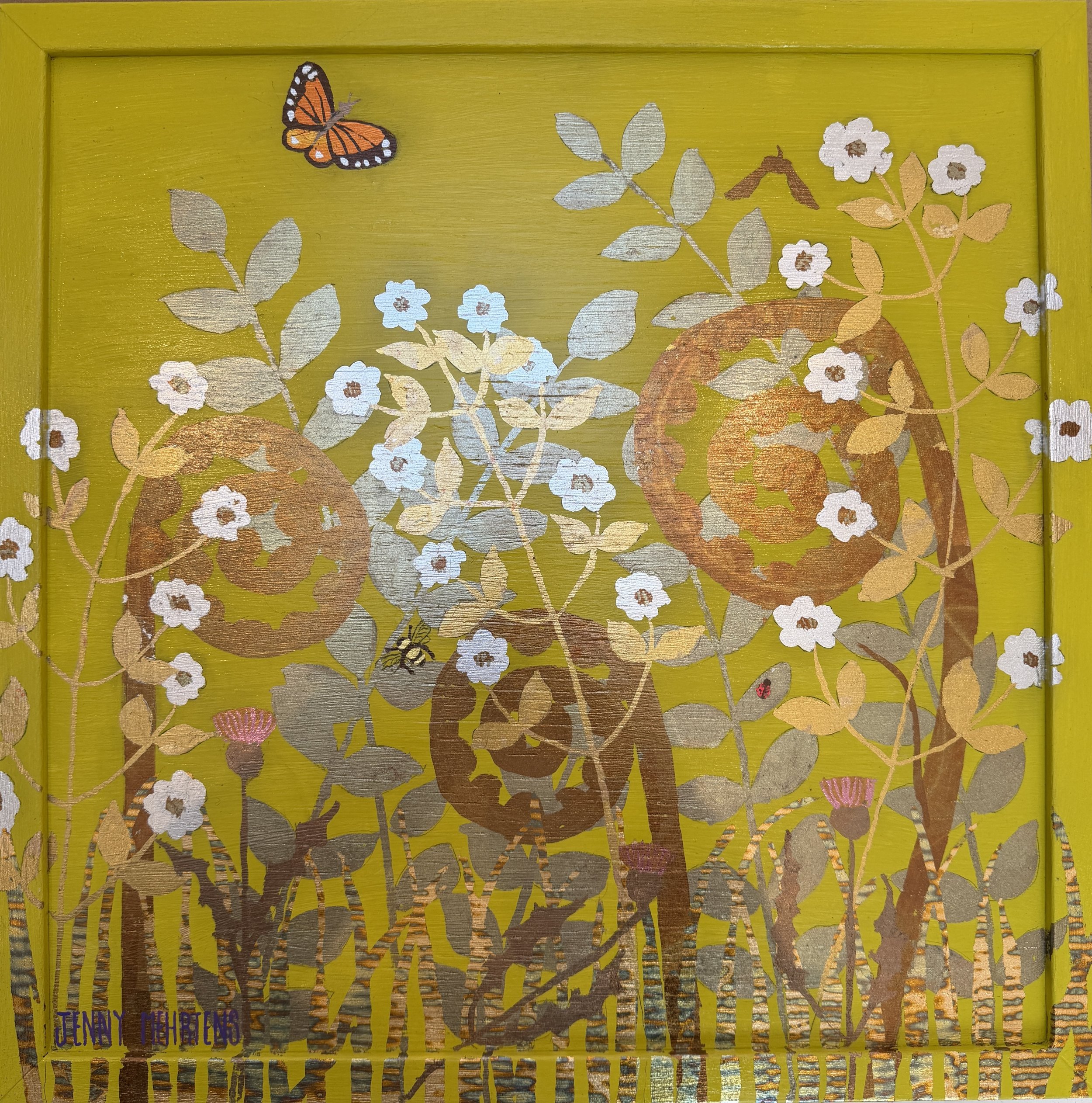  ELEMENTAL - MONARCH, BEE &amp; THISTLES acrylic and metal leaf on oak board 43cm x 43cm $4950 