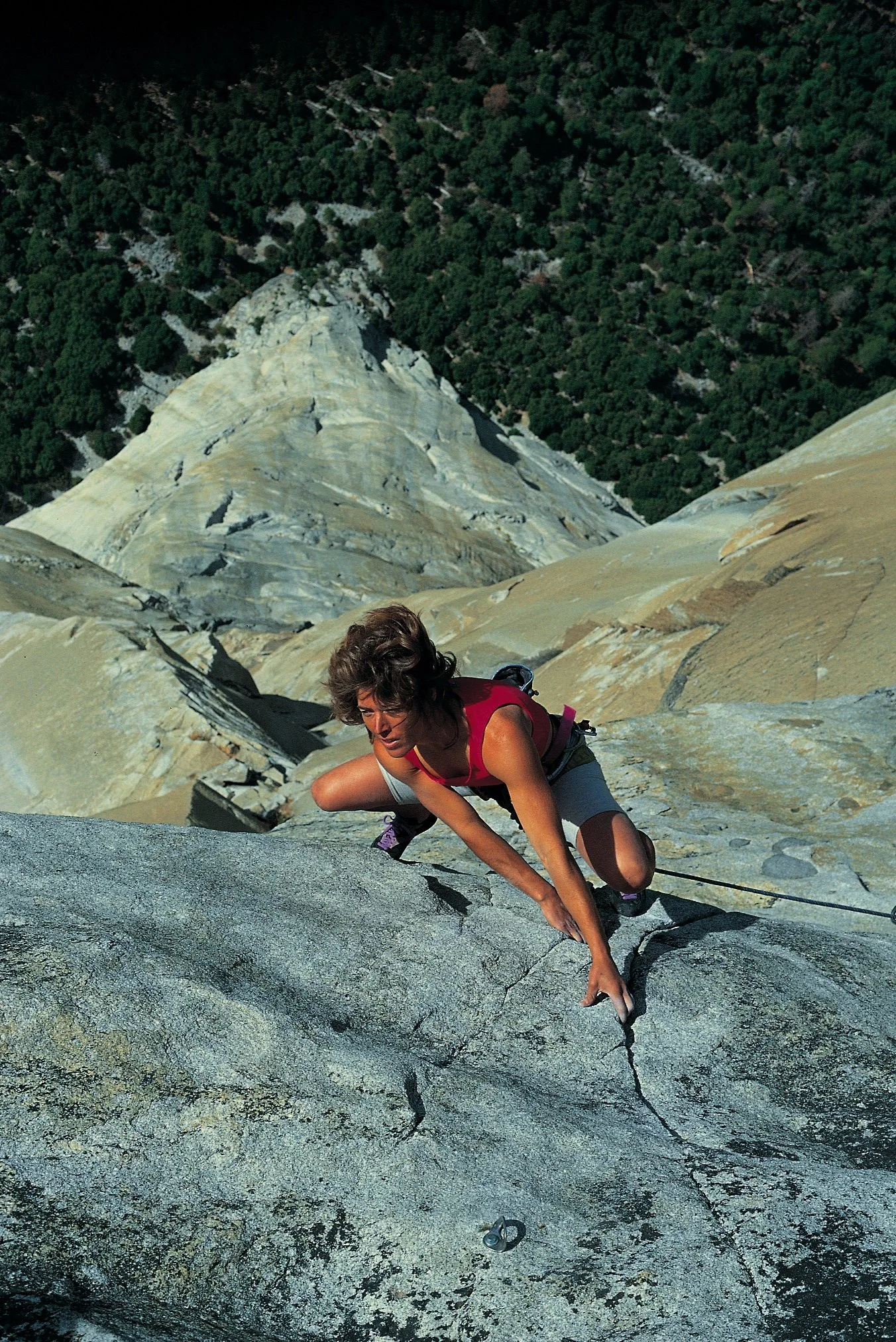 Image: Last pitch of the legendary first free ascent of the Nose, El Capitan, 1993. Photo by John Bachar