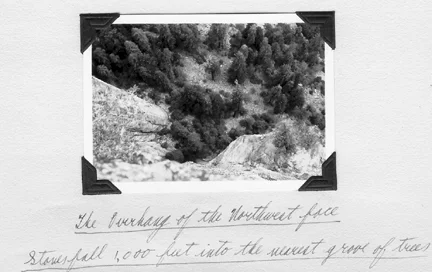Looking down the steep and exposed Northwest Face during the first ascent.