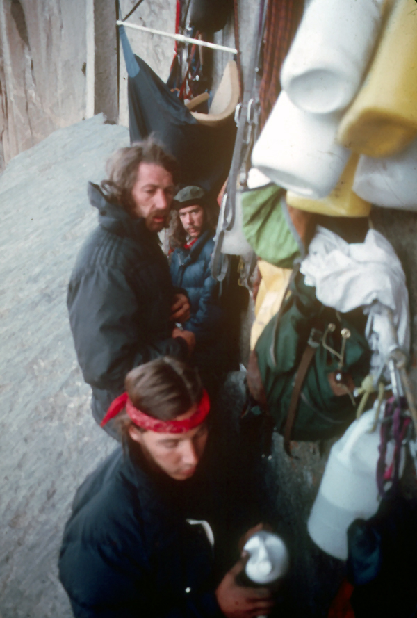 Fred East in back, Jim Bridwell and Jay Fiske on the Continental Shelf. Note the hammock with foam and spreader bar.