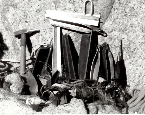 Nose gearSelected gear used on the first ascent of the Nose of El Capitan, 1957 and 1958. This picture was originally published in the 1959 American Alpine Journal.