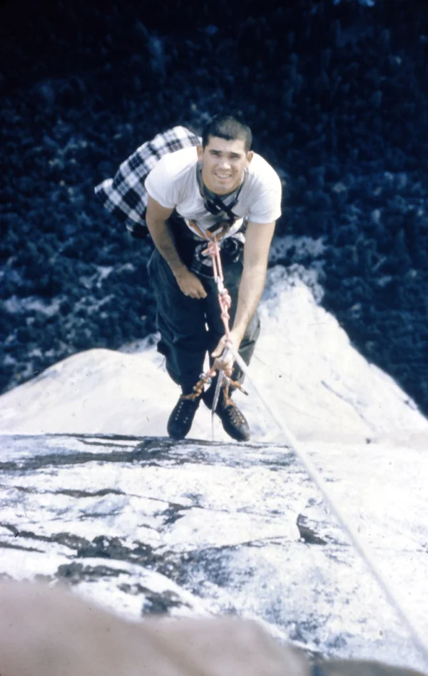 Looking down the Nose at Rich Calderwood during the cleanup 2 weeks after the first ascent in 1958.