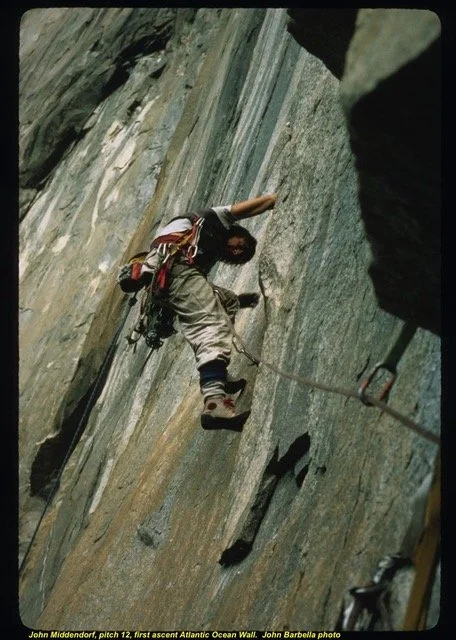 Image: John Middendorf on the first ascent of the Atlantic Ocean Wall. Photo by John Barbella