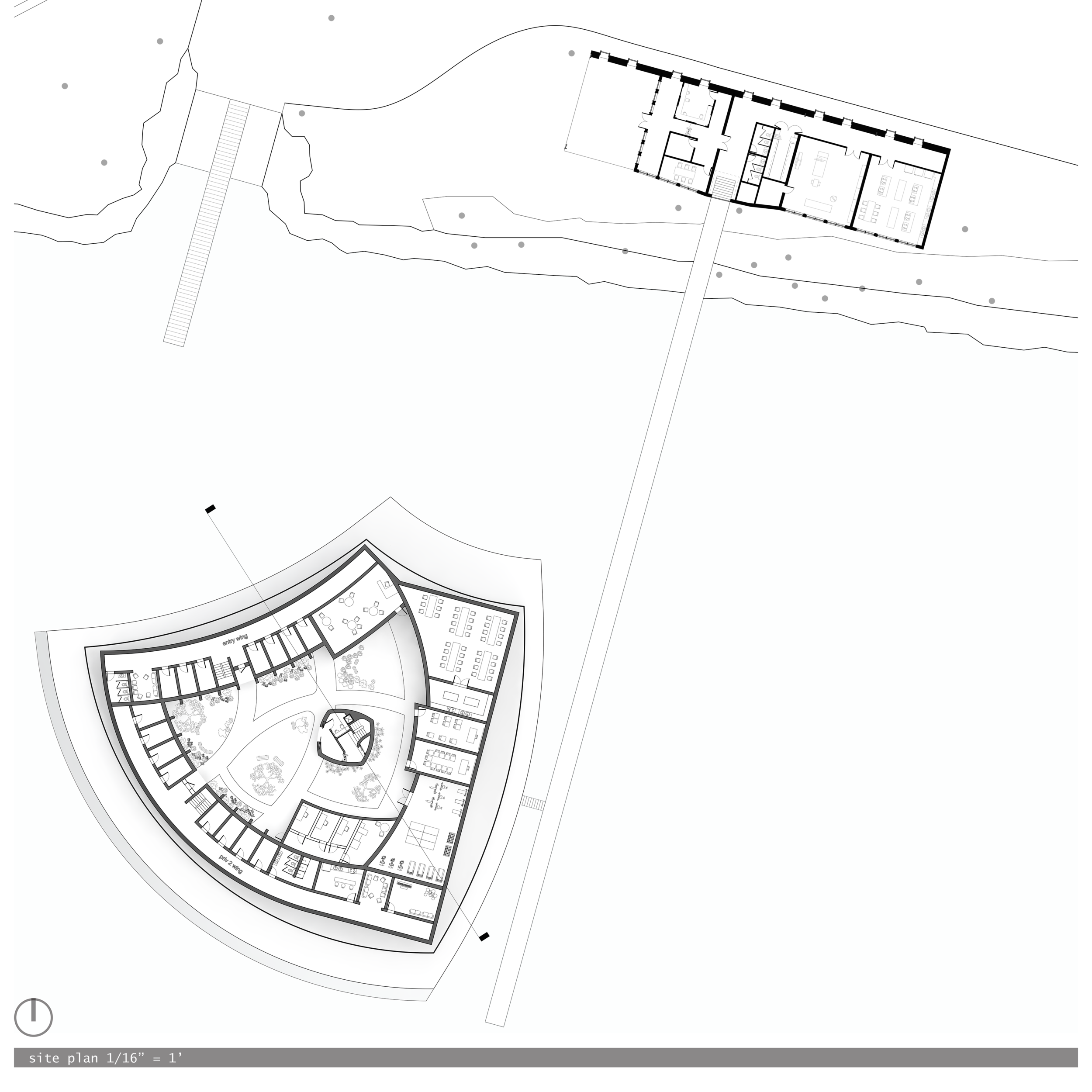 SITE PLAN | includes floating main complex and dock back to waterfront building, which houses security and Vocation Training Center (click to enlarge)