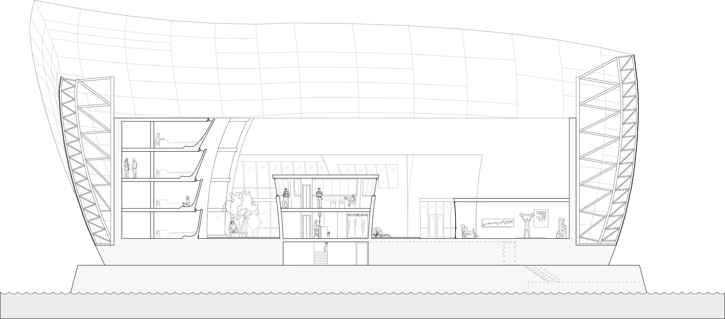SECTION THROUGH COURTYARD | from left to right: inmate cells, courtyard, security tower, gym. Inmate cells include a desk, bed, and meditation seat built into contours of building, and an aperture designed to admit ambient light. (click to enlarge)