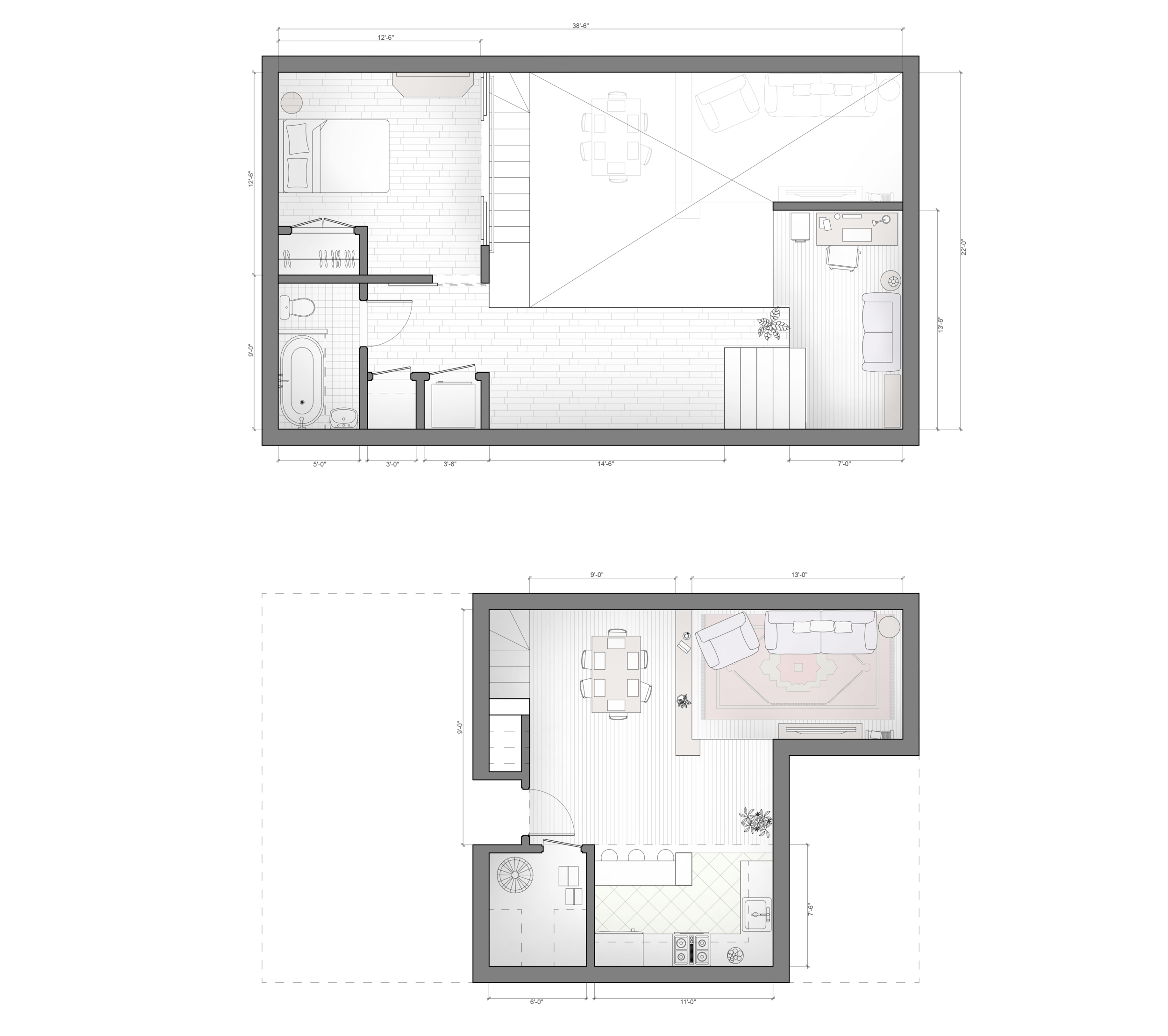 UNIT PLANS | The single-person dwelling, supporting a  live-work setup, with cascading loft space
