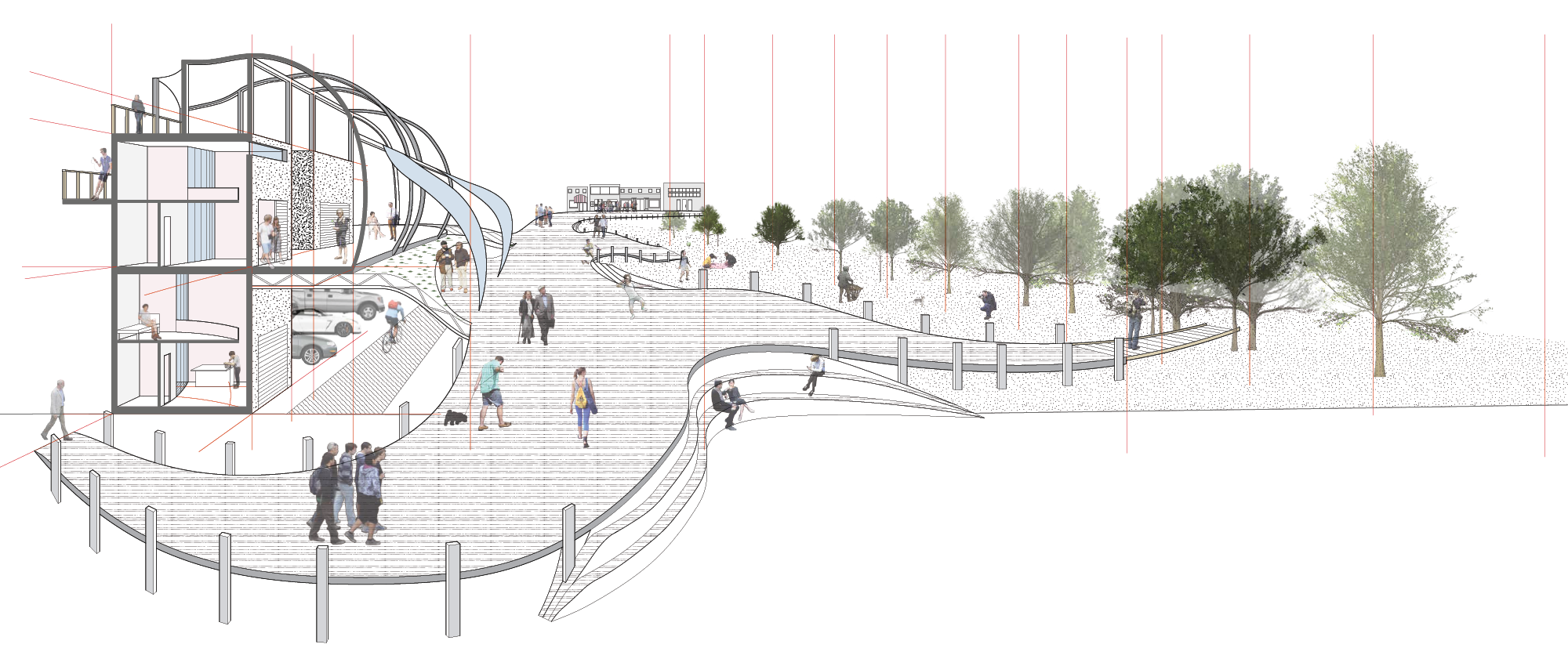 PROCESS DRAWING - an earlier interpretation of the housing “units” integrated into a universal structural grid, connected by a weaving path and entwined with the plantlife.