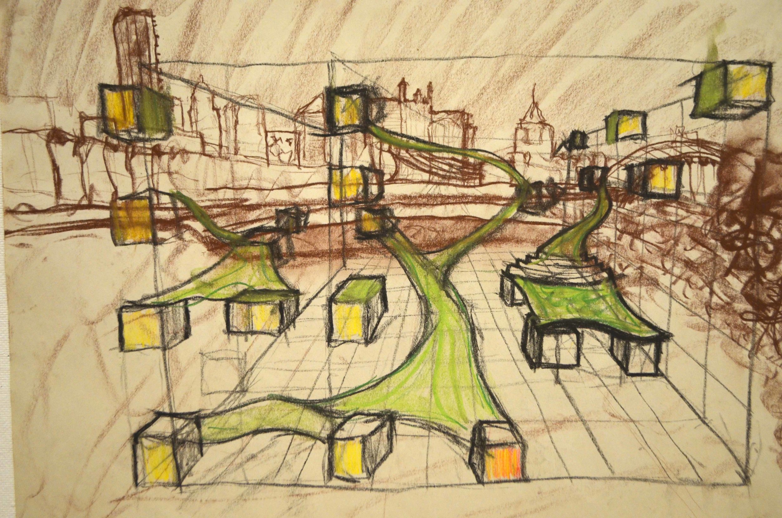 An early concept sketch showing one of our driving concepts– VISUAL POROSITY. The concept is to avoid amassing an impenetrable block of housing that reduces the appealing openness of the site and destroying the fantastic views of downtown. The sketc…