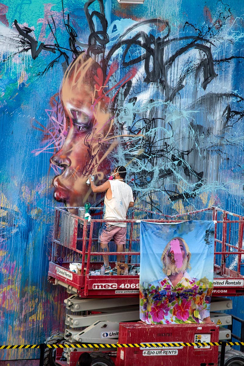  Artist David Choe mural at the Bowery in New York with the Choe Show iconic image draped in view. Photo by Martha Cooper. 