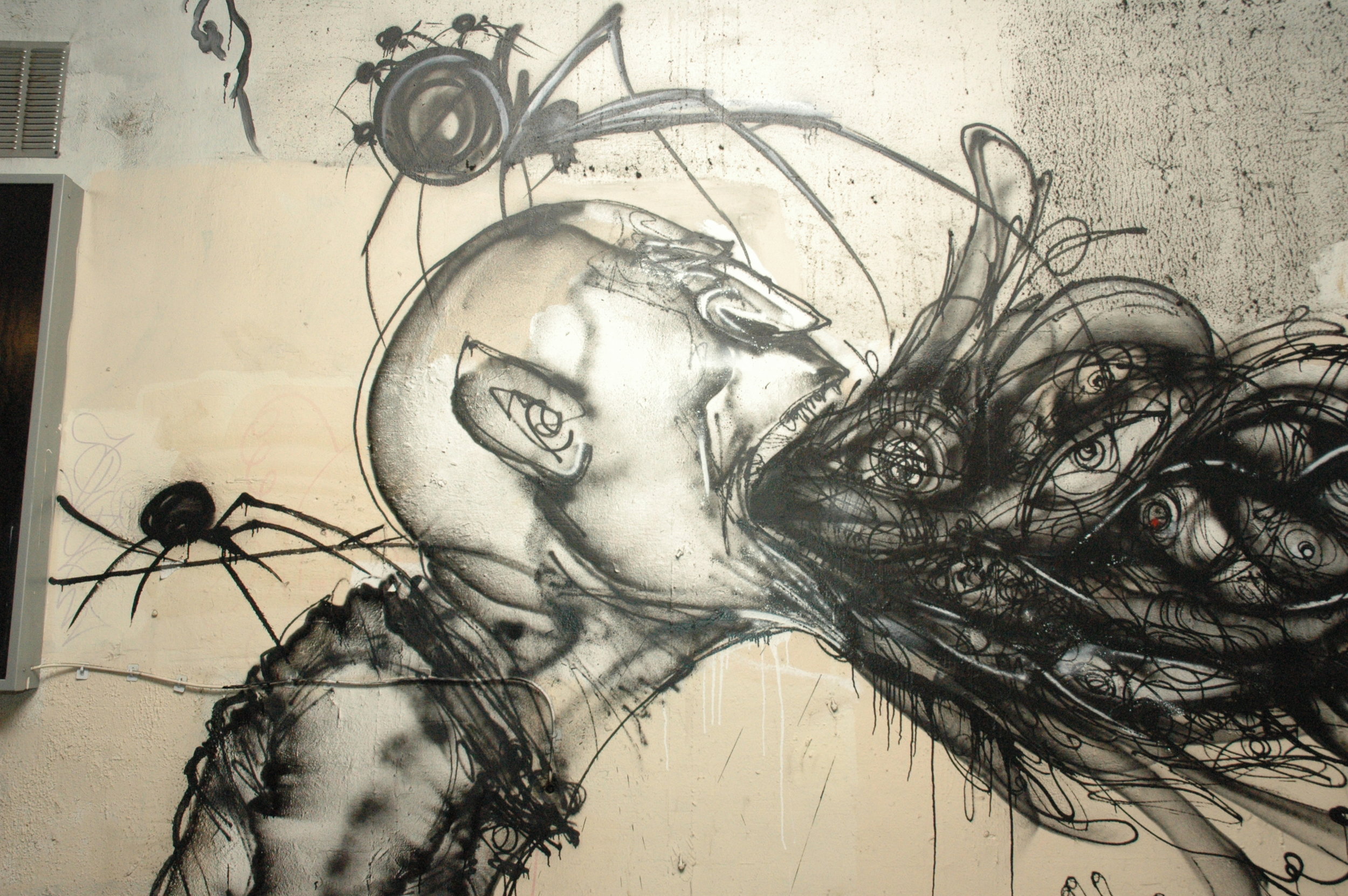 David Choe x Saber mural collaboration for Going Nowhere Fast show in London 2012
