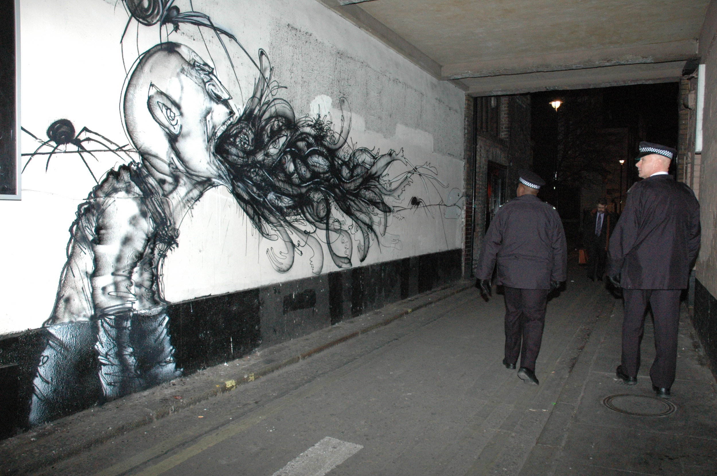David Choe x Saber mural collaboration for Going Nowhere Fast show in London 2012