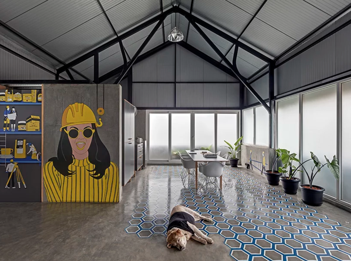 The offices of D esign Studio M9 in Bangalore, India, feature illustrations of the designers undertaking their design practices - incredible idea. CREDIT Shamanth Patil 