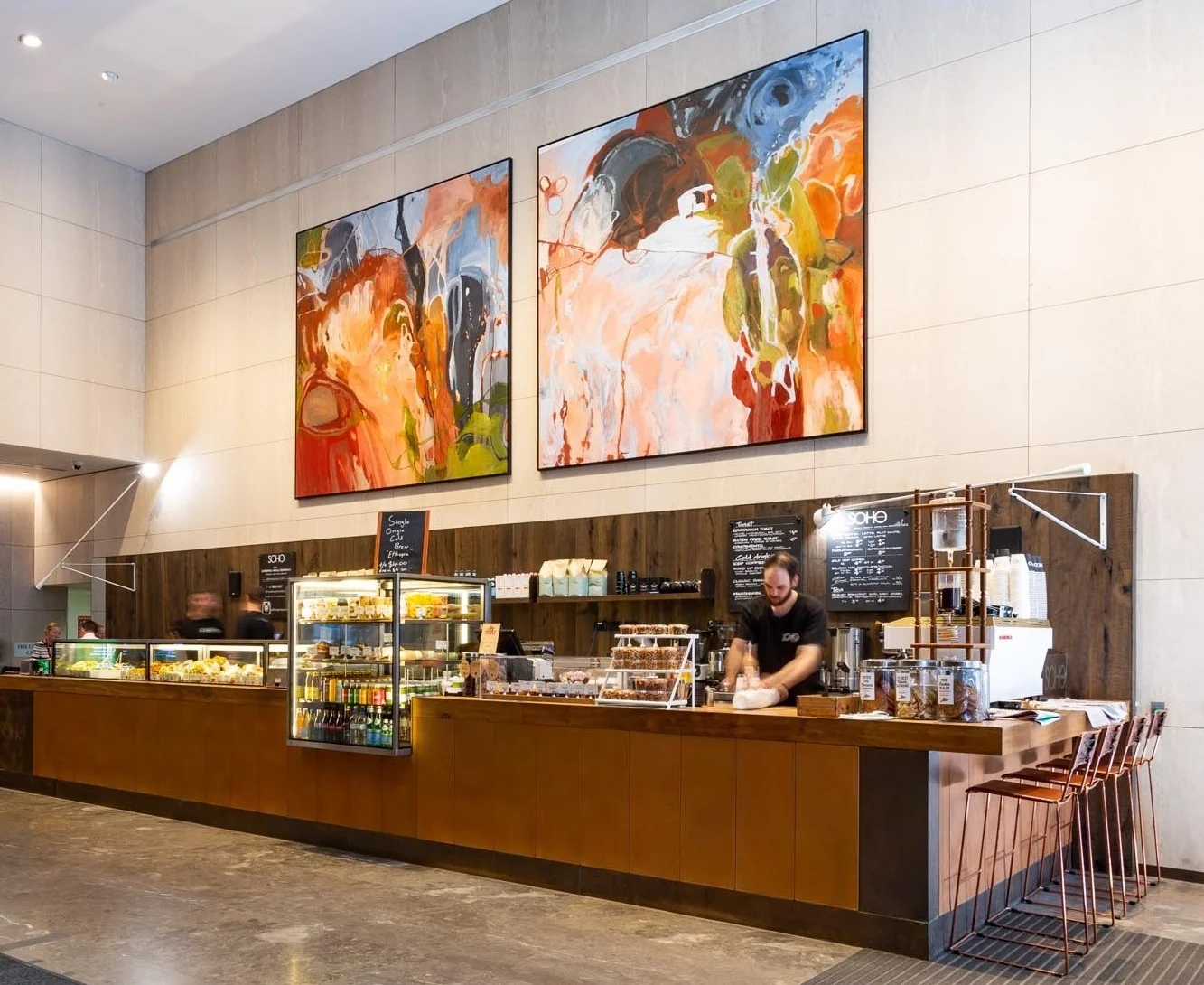 When potential collaborators walk into this Sydney, Dexus property they are immediately struck by this specially commissioned Indigenous-artist’s work . Credit: Art Pharmacy Consulting