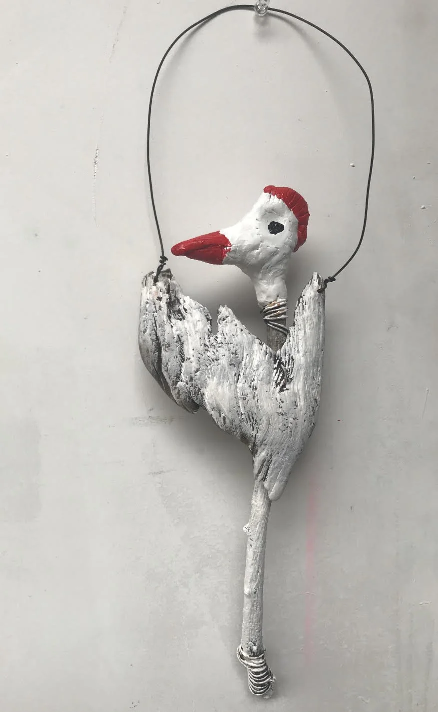 Michelle Connolly, ‘White Bird’, 2022 wood, paper clay, acrylic paint and wire, 58 x 15 x 4cm SOLD price: $350.00