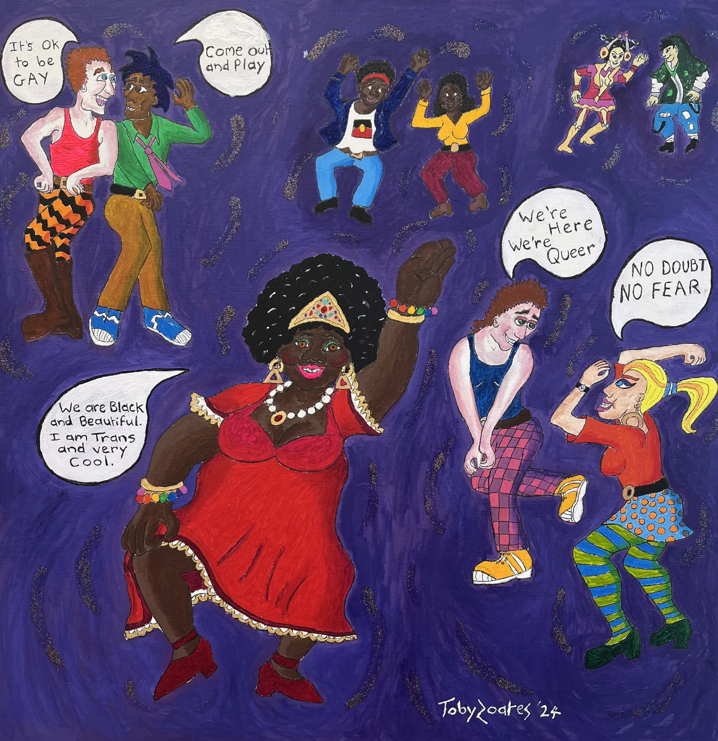 We're Here, We're Queer, 2024 , acrylic and glitter on canvas, 76 x 76cm price: $650.00
