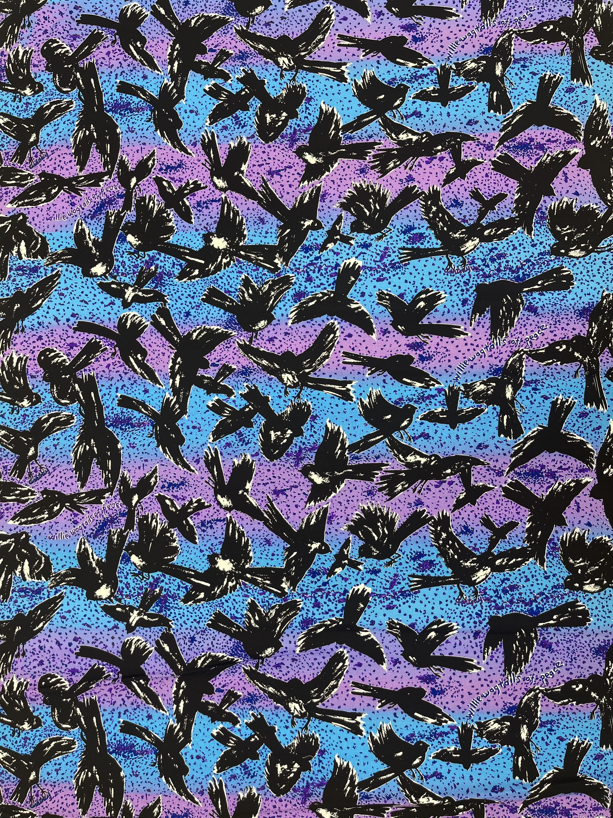 WILLY WAGTAILS FOR PEACE, (circa 80’s), screen print cotton fabric, purple and blue colourway, 150cm in width, sold by the metre from the roll price: $360.00 per metre
