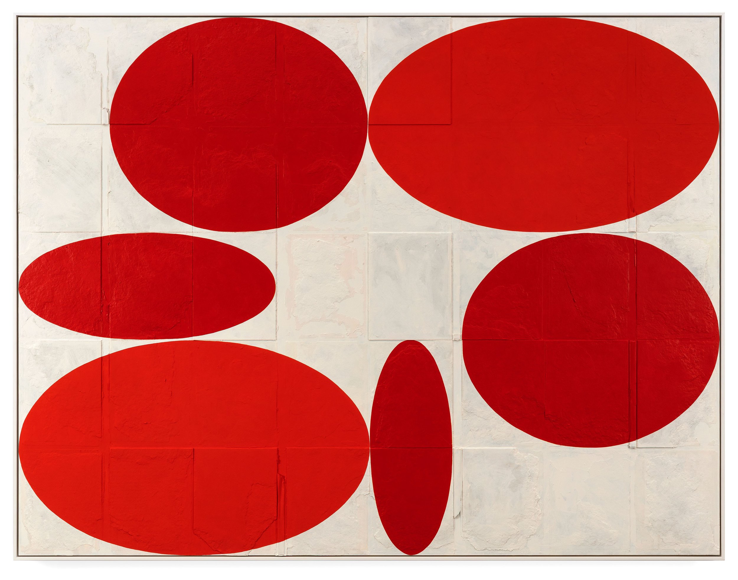 Language system of counter ellipses (Soon) , 2025 acrylic, flashe, graphite, gesso, paper, cardboard and webbing on aluminium, framed, 140 × 182