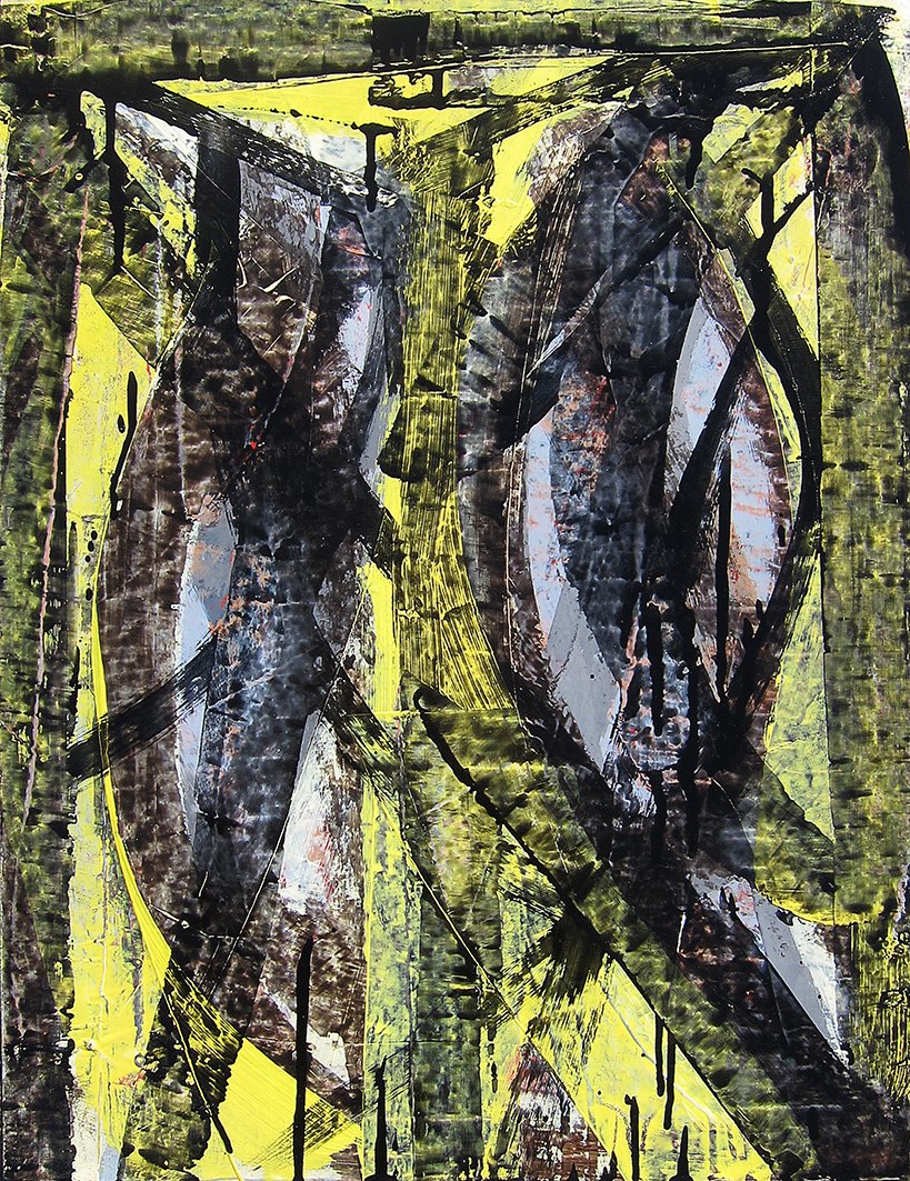 Magpies IV, 2025, enamel on paper, 48 x 37cm price: $600.00 framed