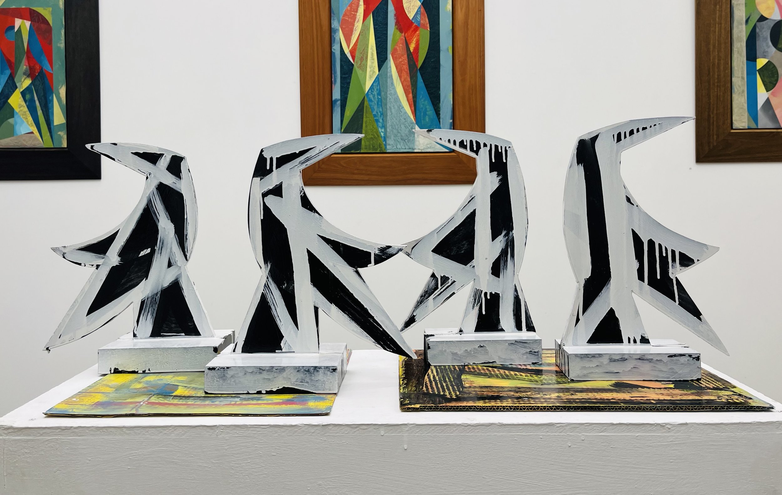 Magpie I - IV, 2025 (sculpture), enamel paint on wood, 35 x 24 x 11cm 