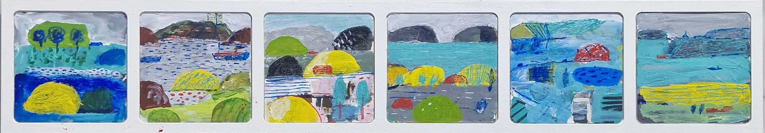 Waterways, 2025, acrylic and ink on composite board, 16 x 65cm price: $450.00