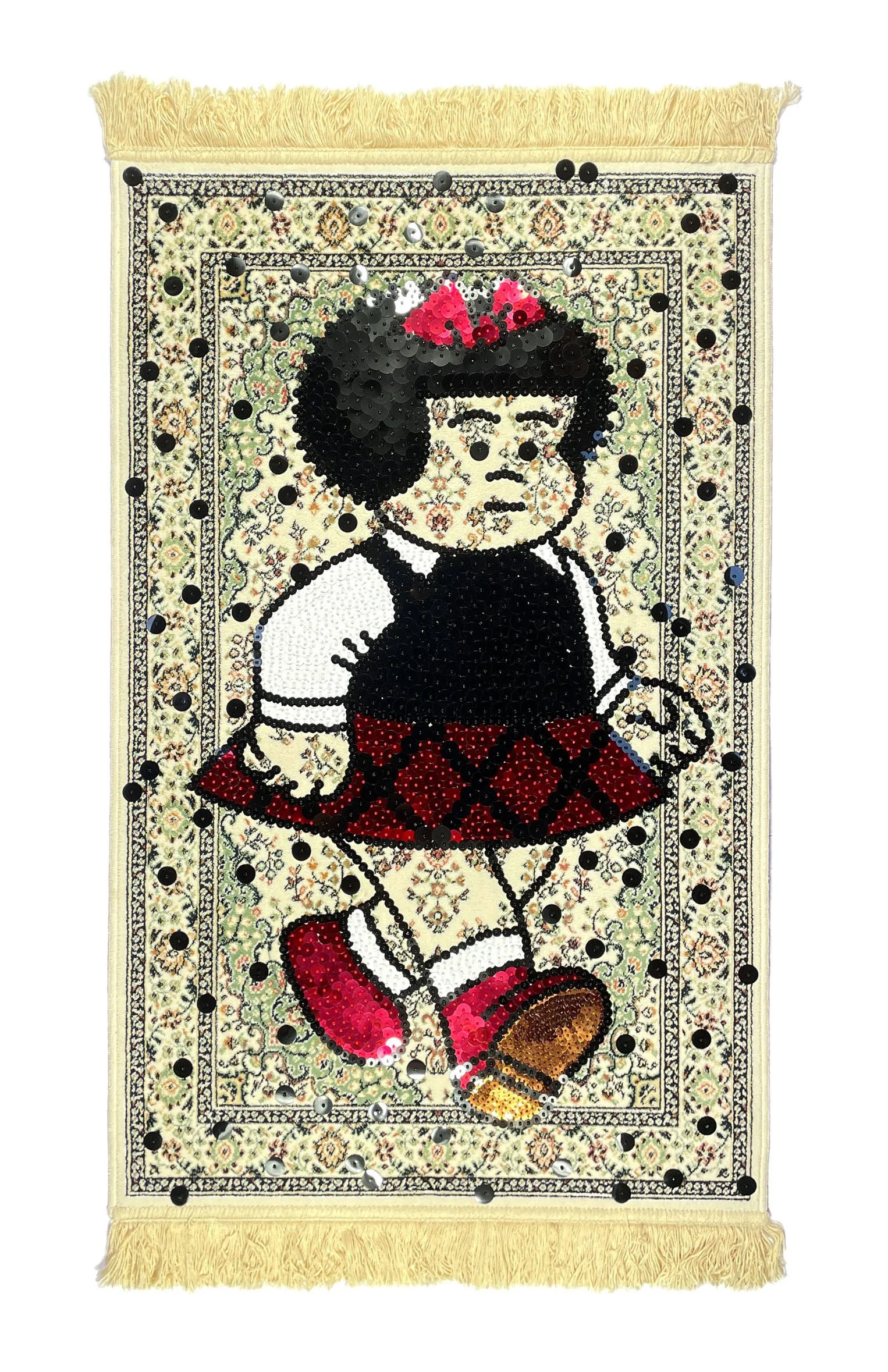 RugNancy in the Rain, 2025, Rug, Sequins, Japanese Glass beads,120cm x 60cm price: $1,750.00
