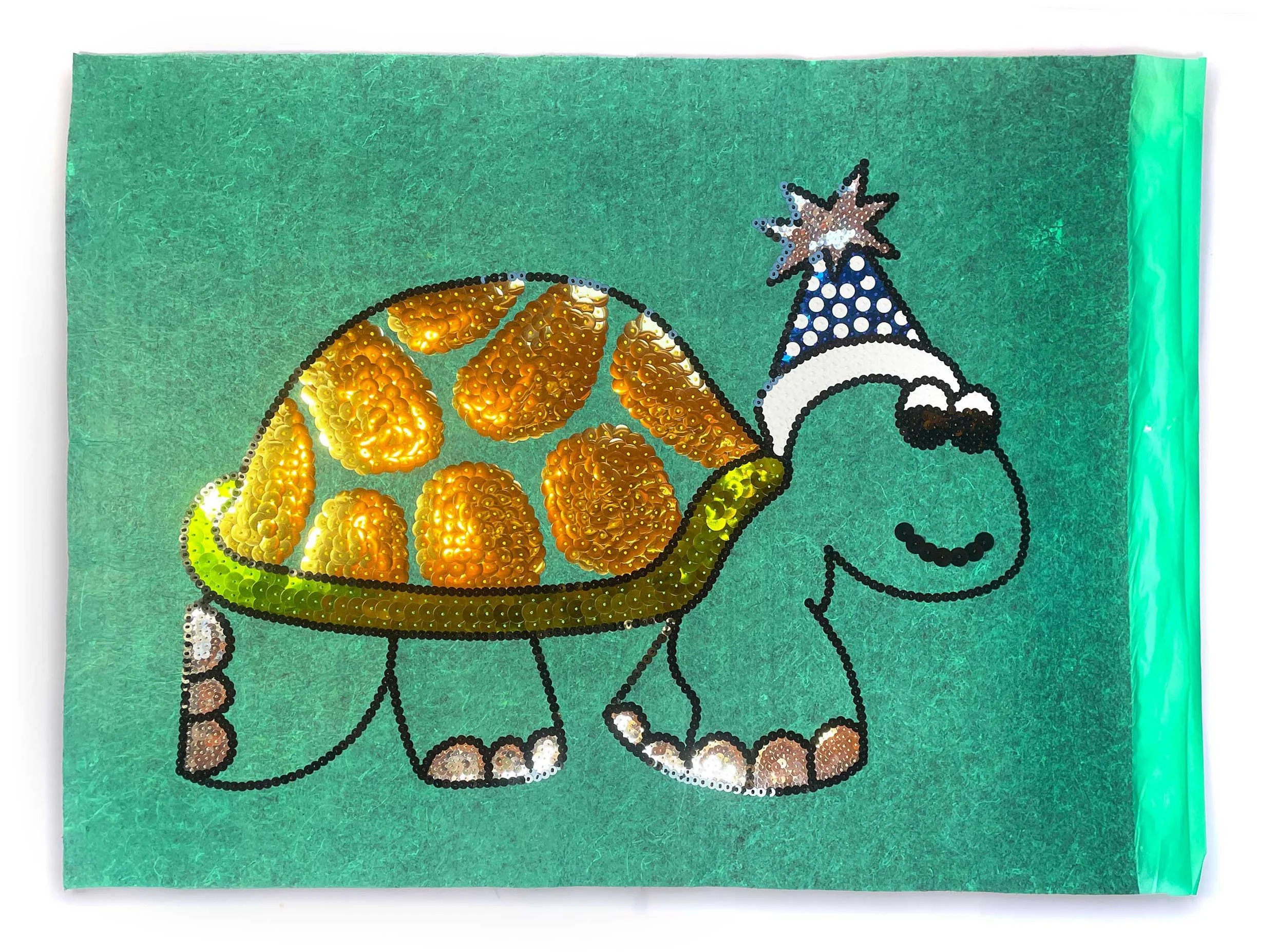UnderlayMathematics Turtle, 2025, Carpet Underlay, Sequins, Japanese Glass beads, 85 x 110cm price: $1,350.00