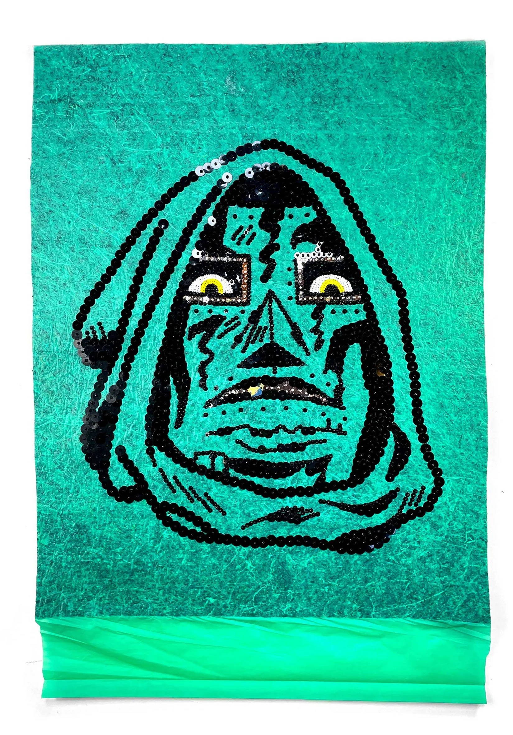 UnderlayDoctor Doom, 2025, Carpet Underlay, Sequins, Japanese Glass beads, 60 x 40cm price: $750.00