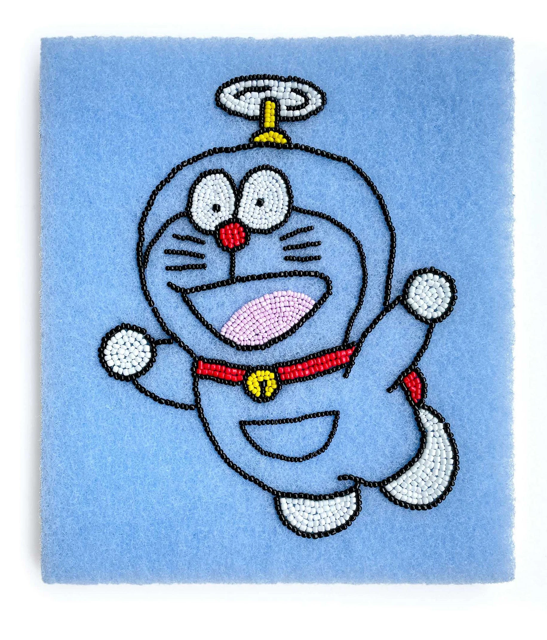 SpongeDoraemon, 2025, Kitchen Sponge, Japanese Glass beads, Egyptian thread, 25cm x 21cm, Frame size 30cm x 20cm price: $400.00
