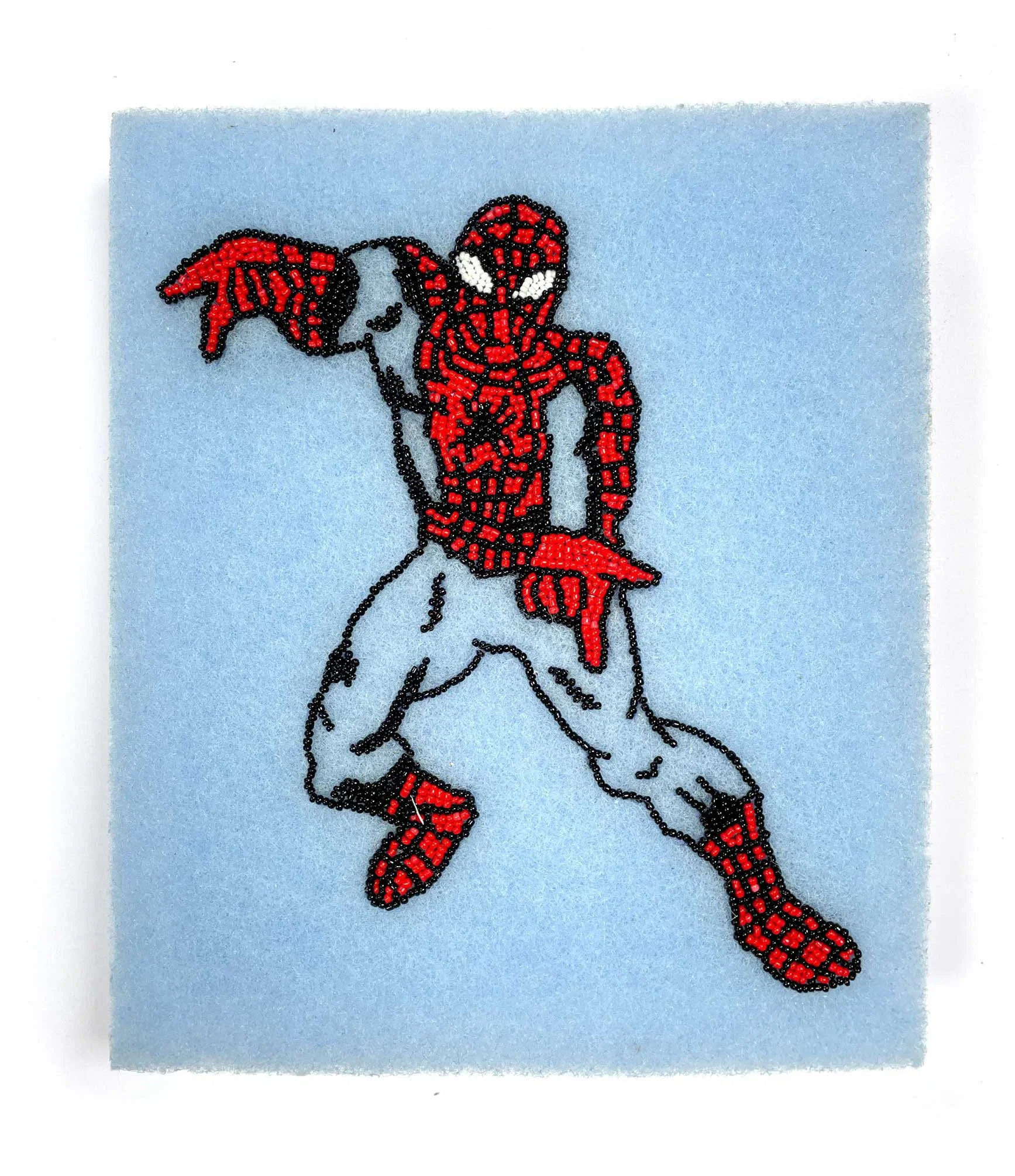 SpongeSpiderman, 2025, Kitchen Sponge, Japanese Glass beads, Egyptian thread, 25cm x 21cm, Frame size 30cm x 20cm price: $400.00